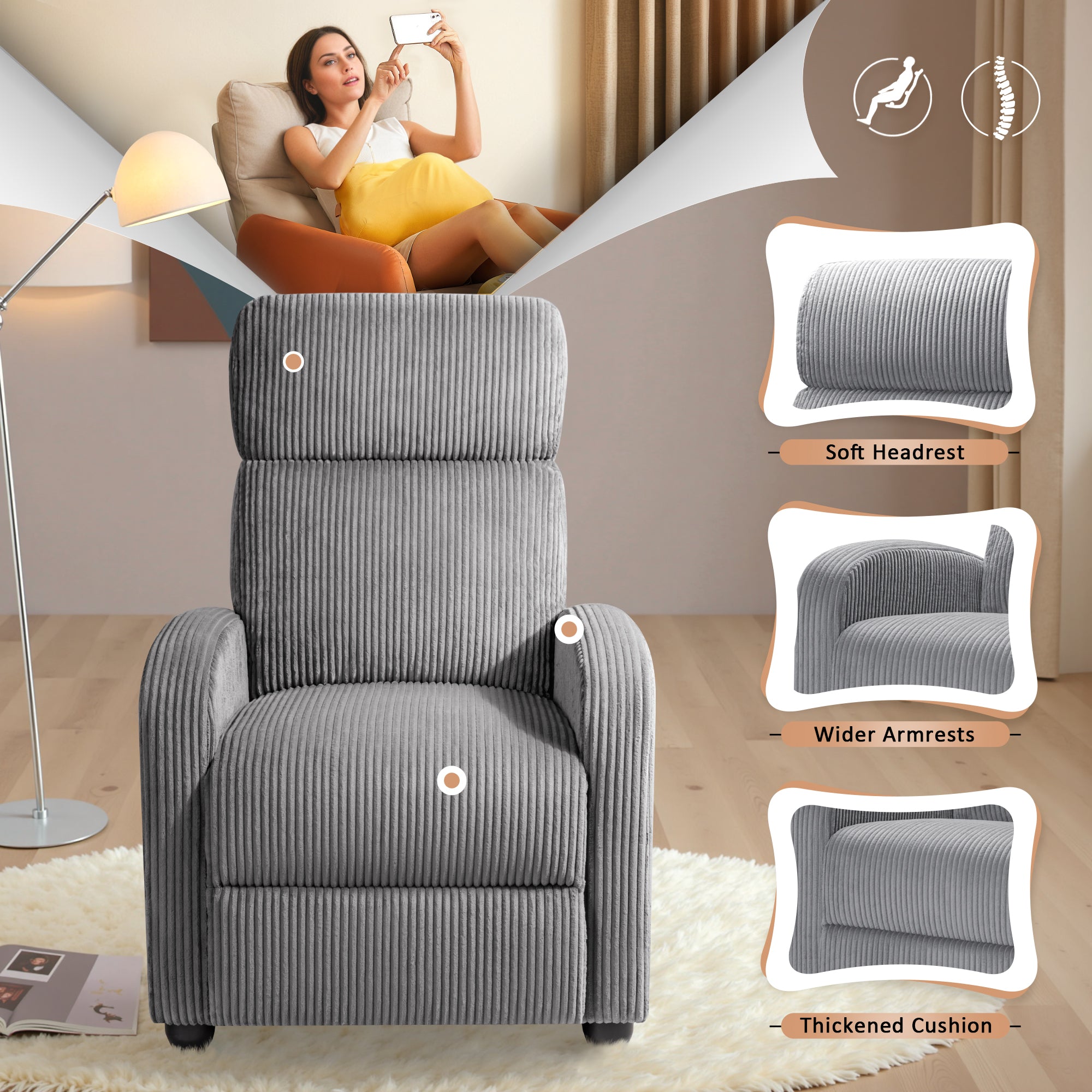 homall-recliner-chair-fernsehsessel-cord-grau-verstellbar-relax image 3
