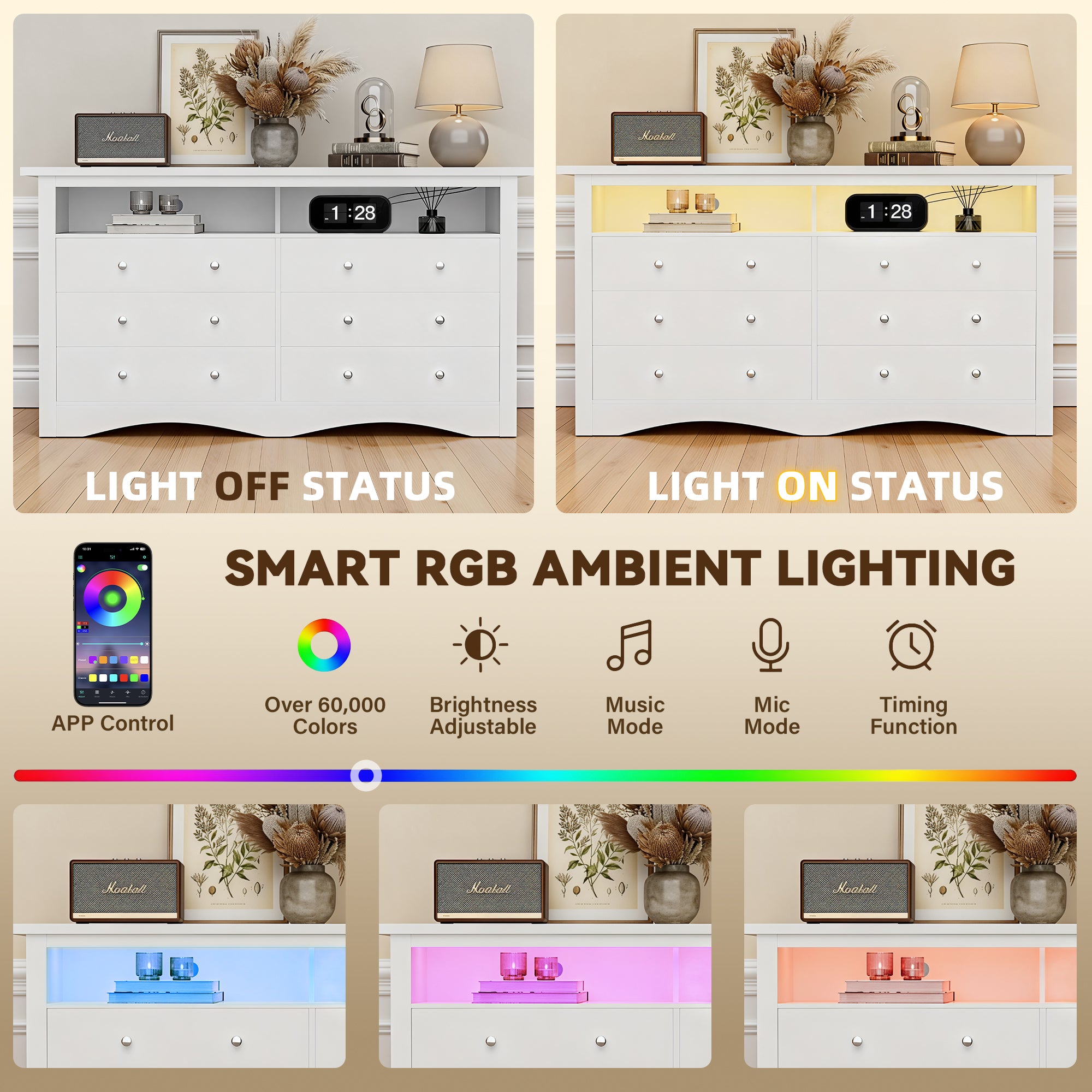 homall-bedroom-6-schubladen-kommode-wei-mit-led-und-ladestation image 5