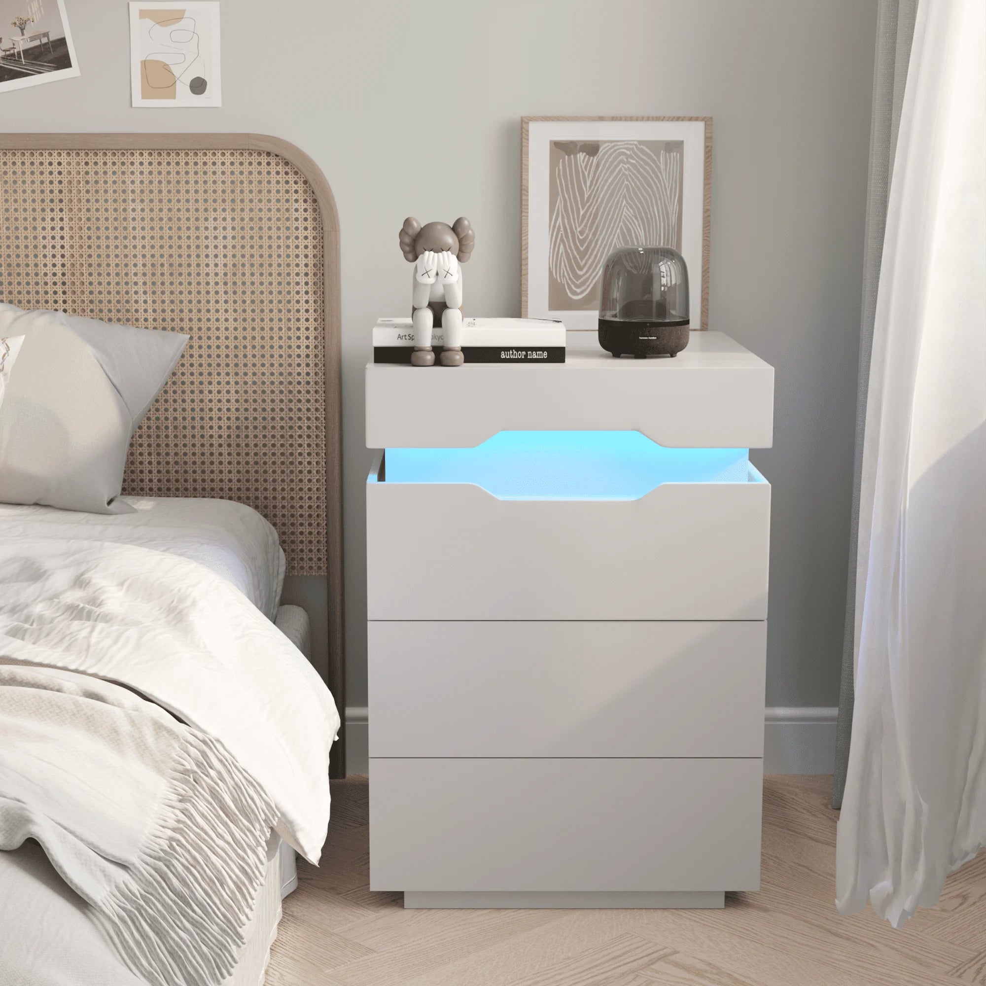 homall-bedroom-nachttisch-wei-2-schubladen-led-usb image 1