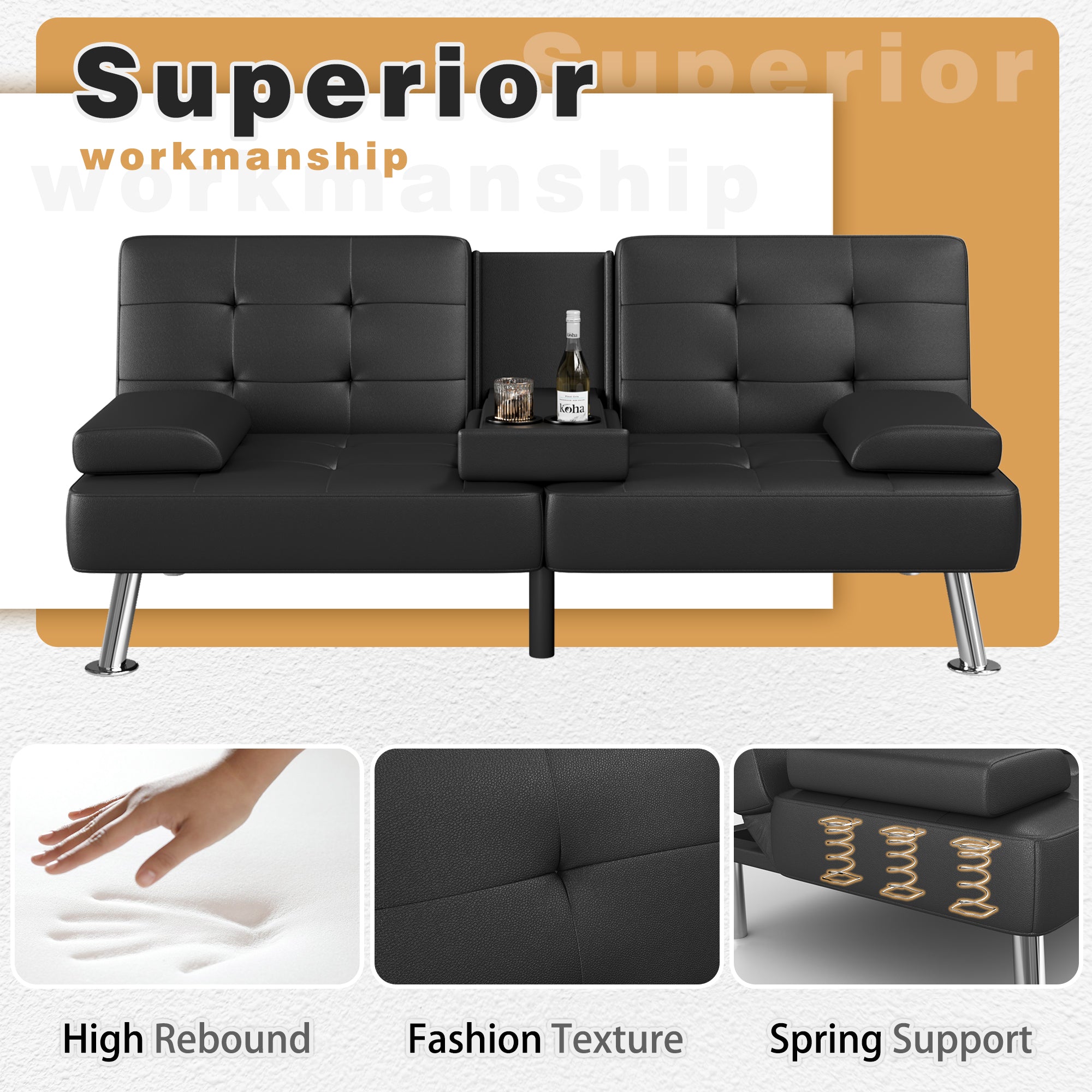 homall-recliner-schlafsofa-kunstleder-schwarz-mit-becherhalter image 2