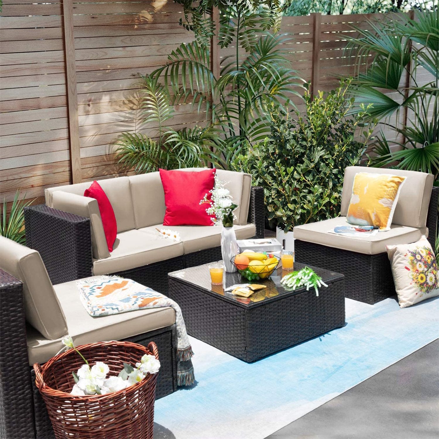 homall-patio-furniture-lounge-set-beige-5-teilig-rattan image 1