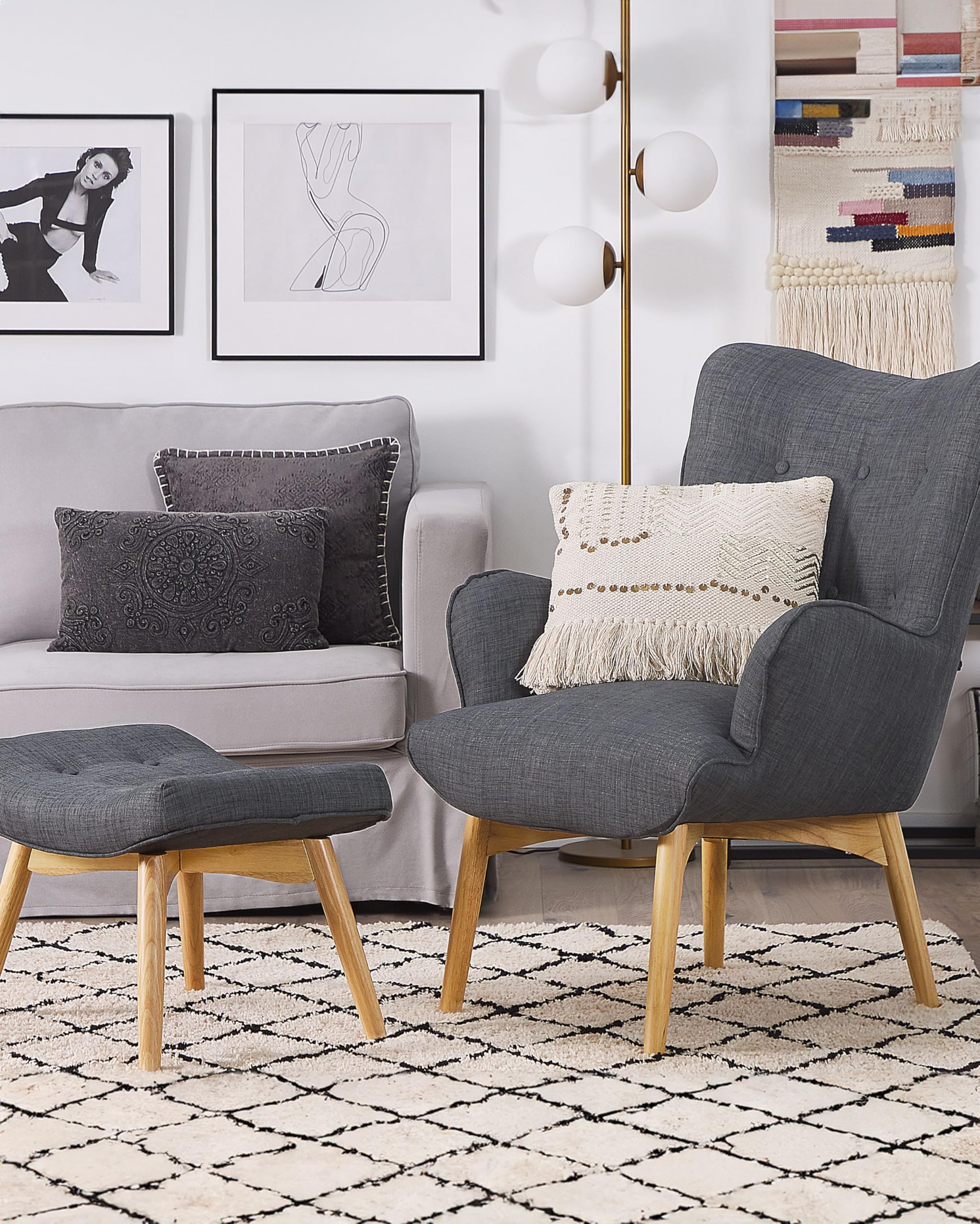 beliani-vejle-ohrensessel-mit-hocker-stoff-dunkelgrau-chesterfield image 2