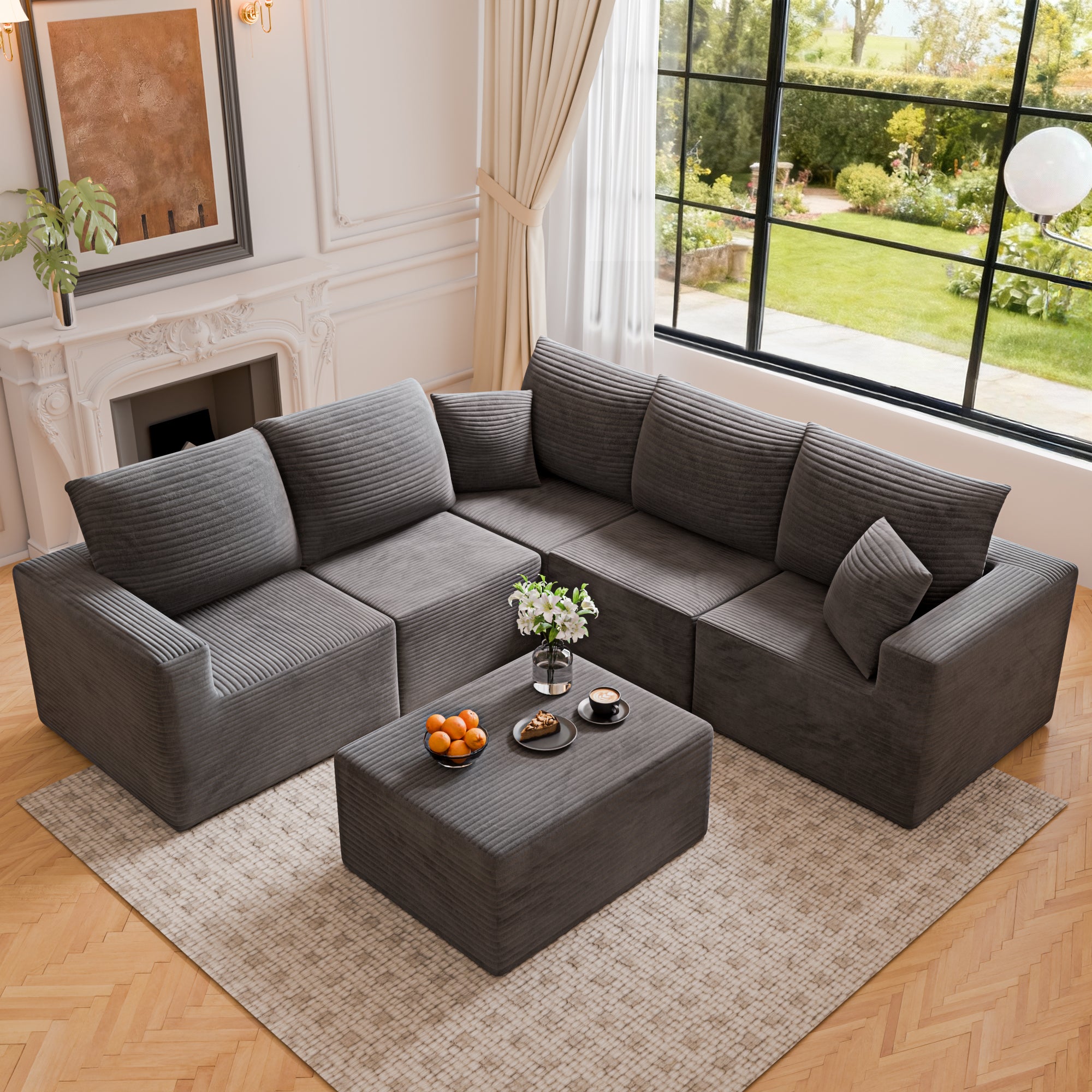 homall-sofa-ecksofa-cord-beige-modular-tiefer-sitz image 2