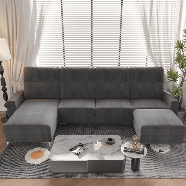 homall-u-form-sofa-ecksofa-grau-mit-hocker-leinenbezug image 1