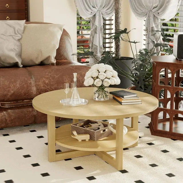 homall-couchtisch-rund-holz-braun-90cm-mit-ablage image 1