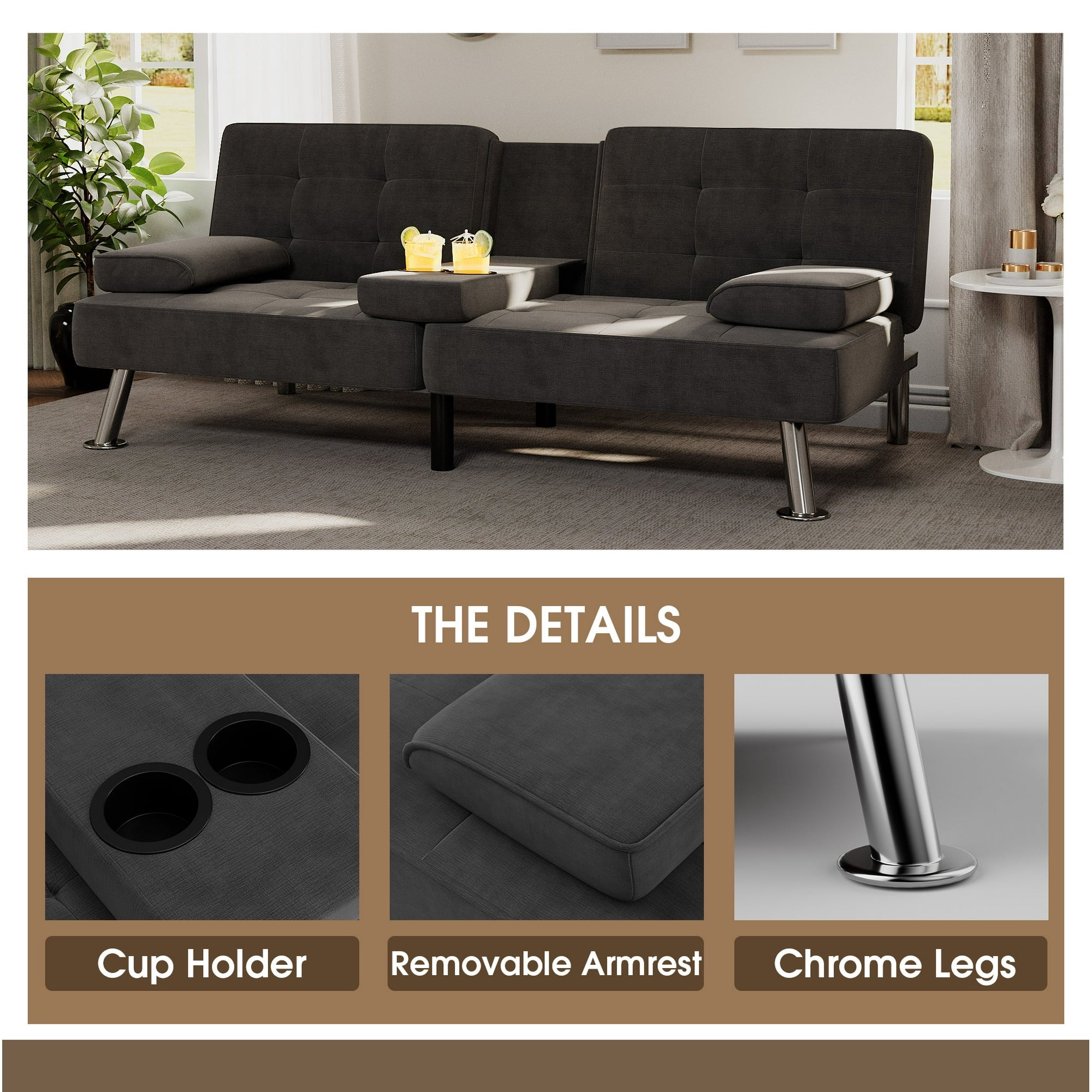 homall-sofa-futon-schlafsofa-stoff-schwarz-mit-getr-nkehalter image 2