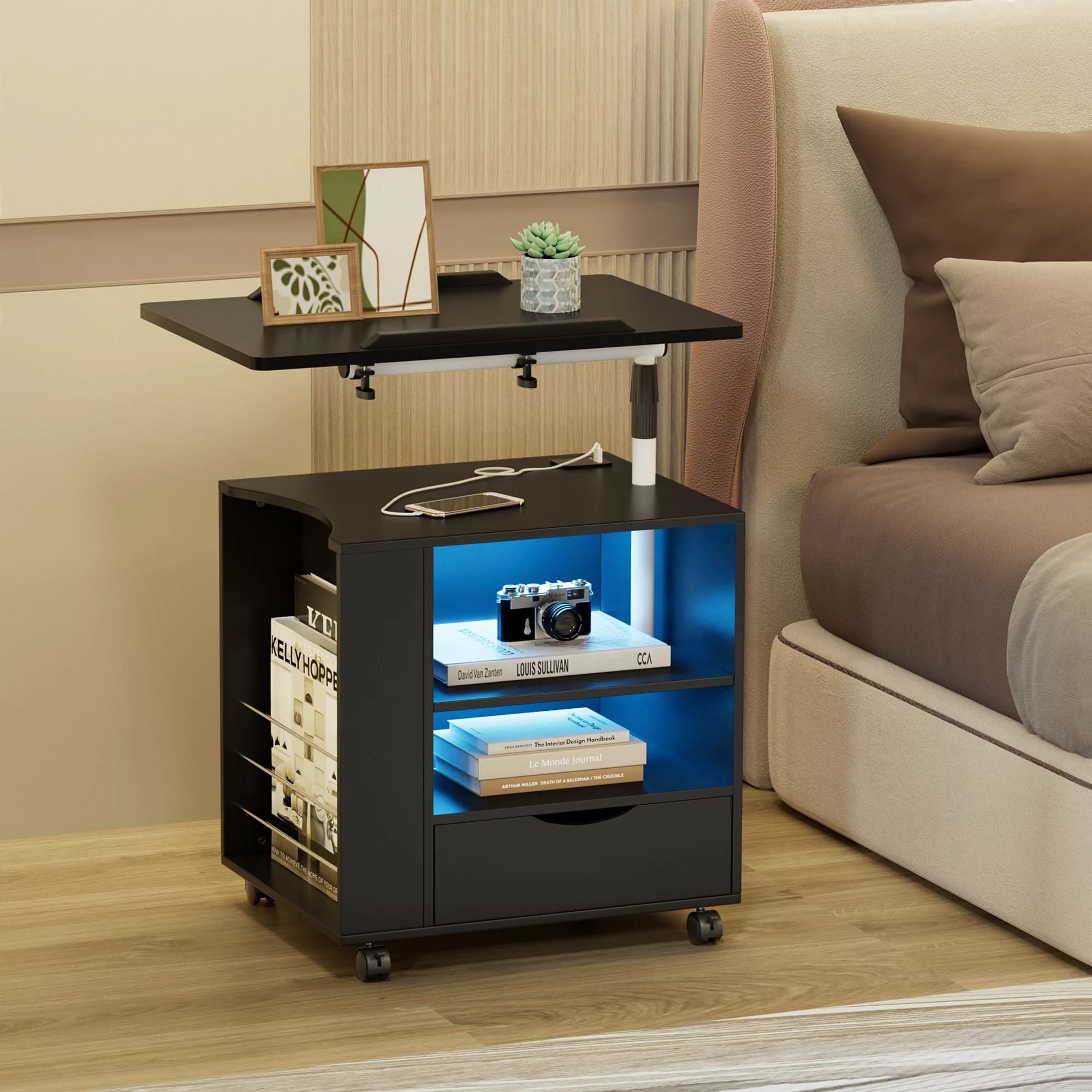 homall-bedroom-nachttisch-led-usb-schublade-wei image 2
