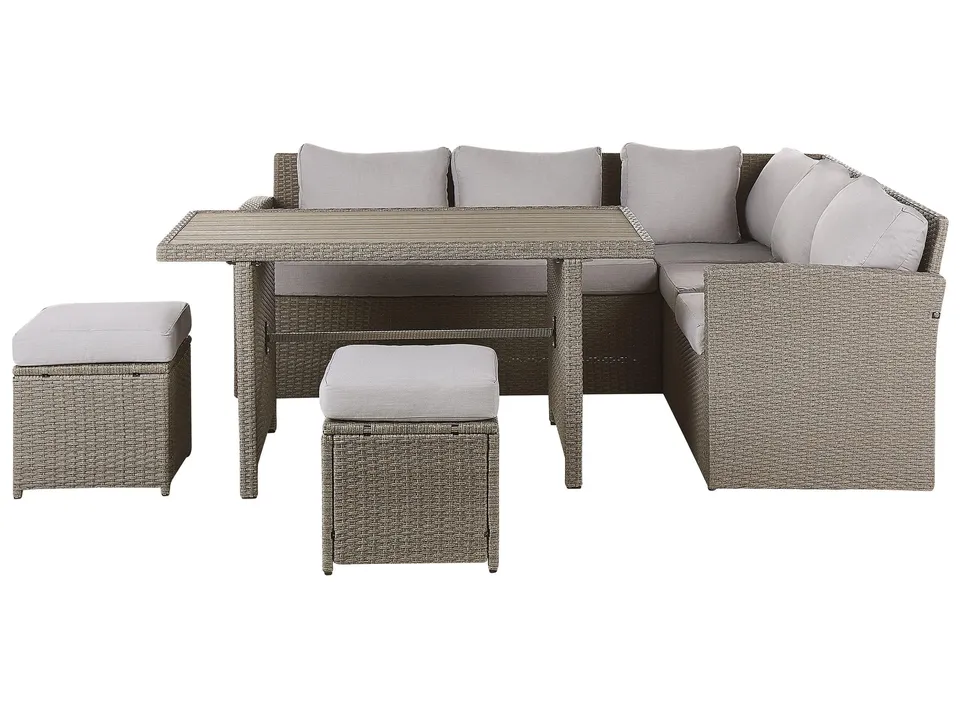 beliani-bardi-lounge-set-5-sitzer-taupe-polyrattan-graue-kissen image 1
