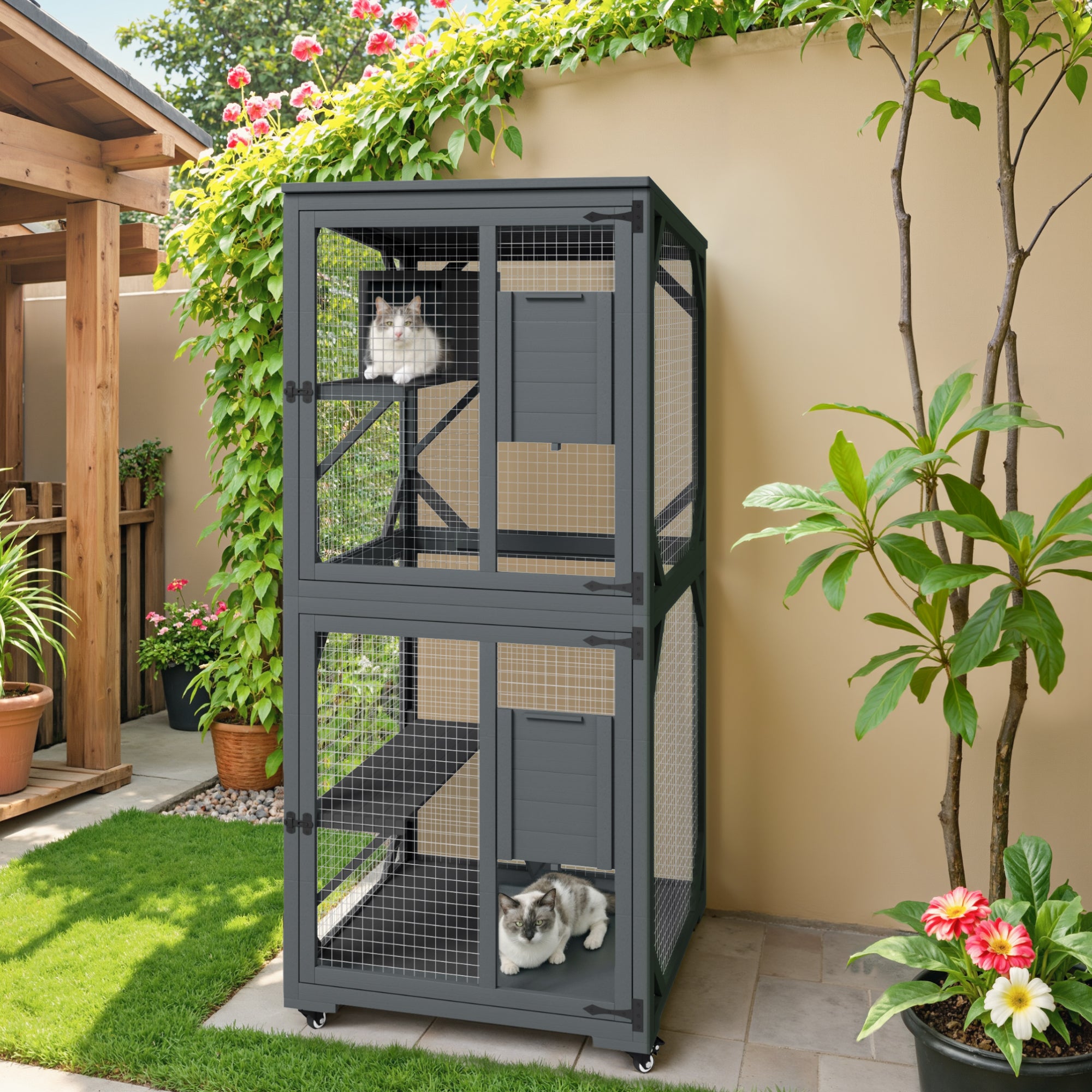 homall-patio-furniture-catio-katzengehege-holz-grau-3-ebenen image 1