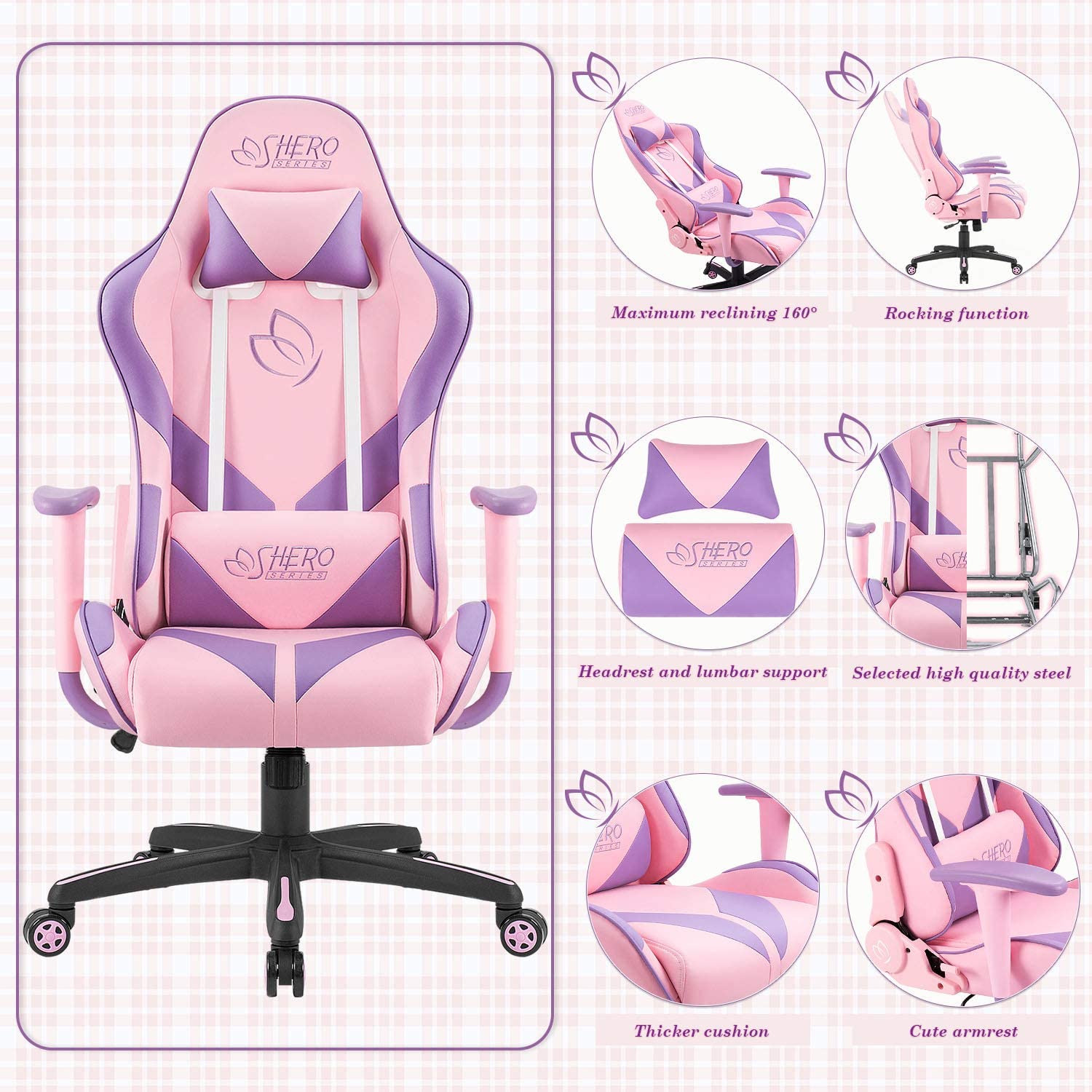 homall-gaming-stuhl-rosa-leder-drehstuhl-mit-kissen-136-kg image 5