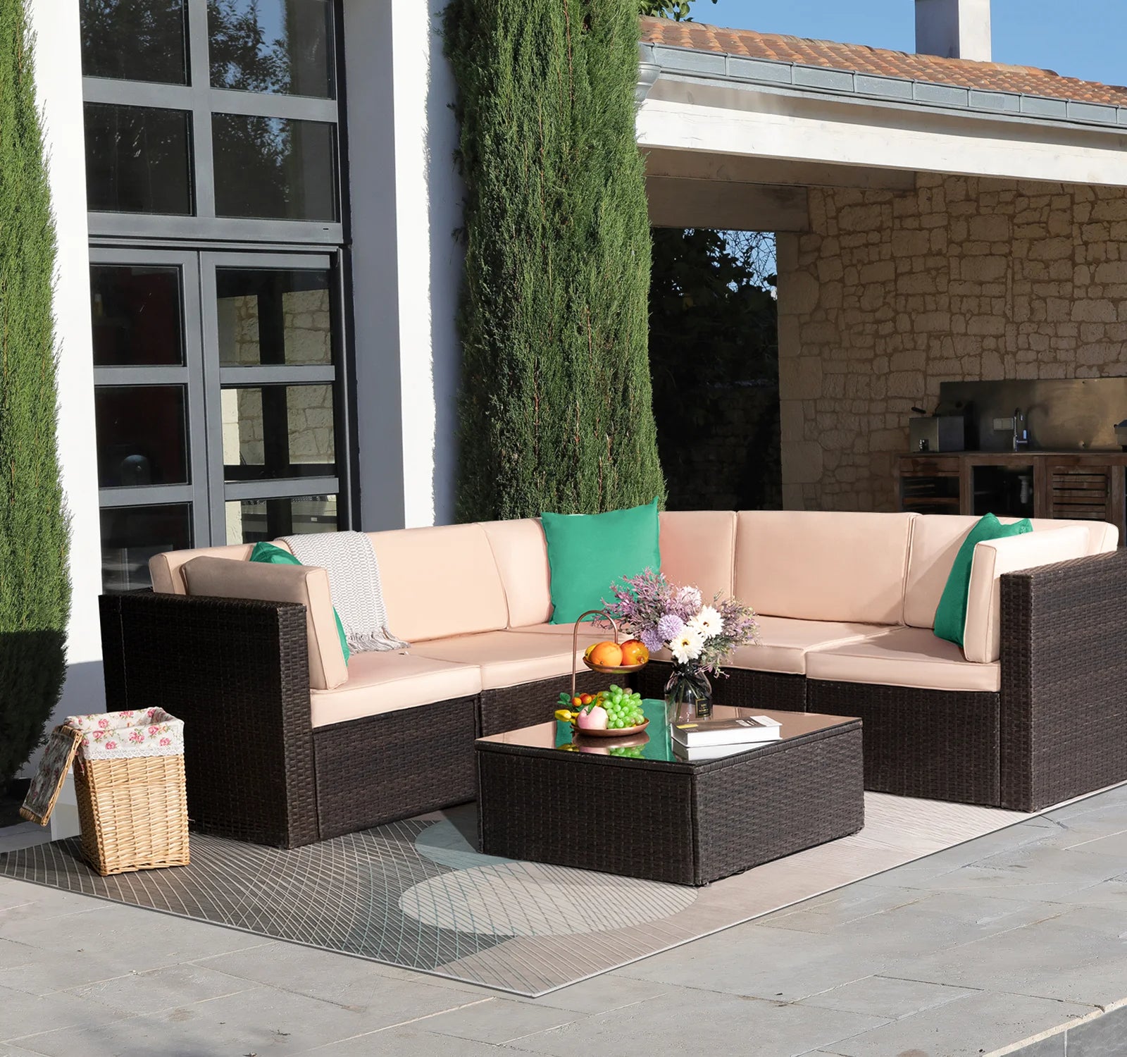 homall-patio-furniture-lounge-set-6-tlg-rattan-gartensofa-blau image 1