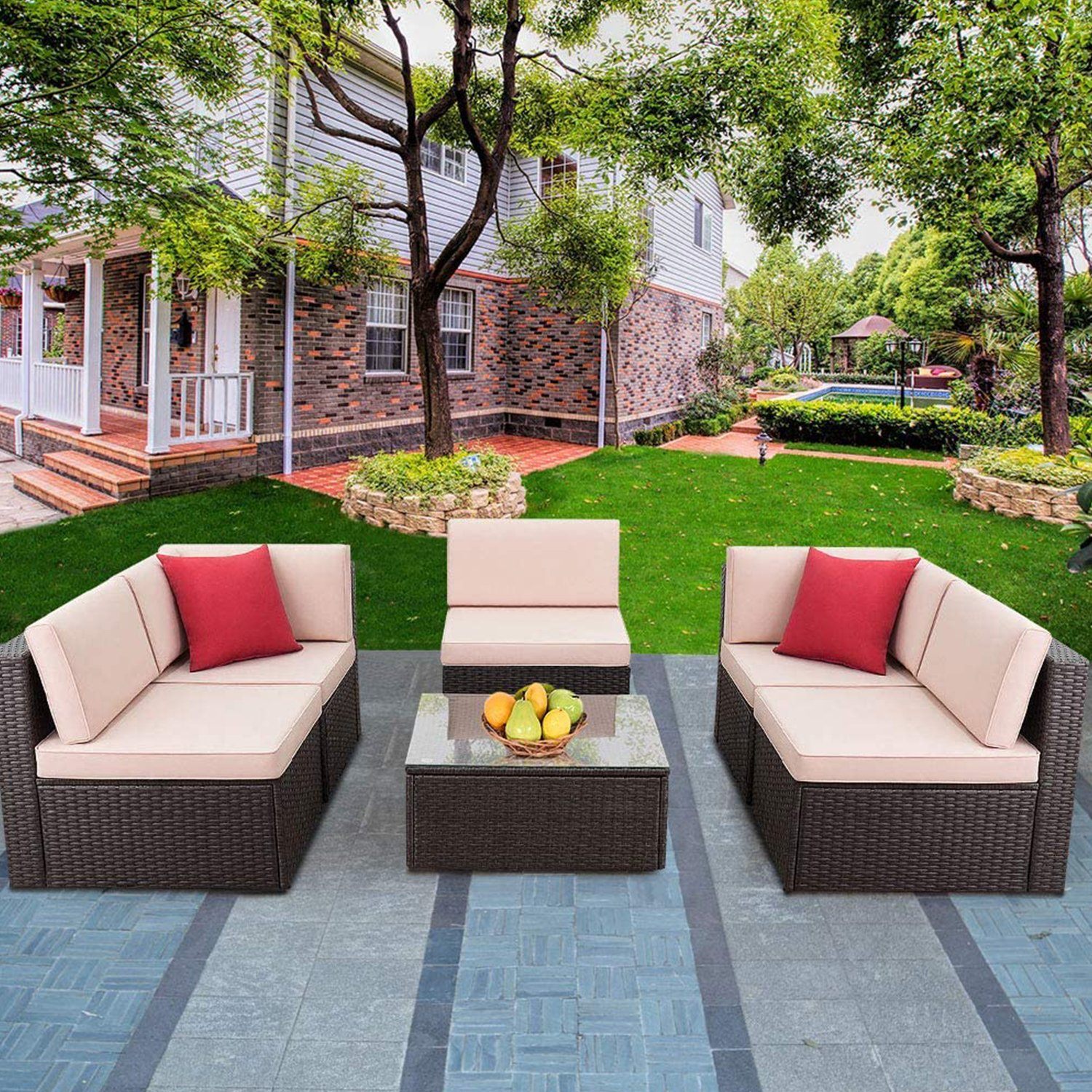 homall-patio-furniture-lounge-set-6-tlg-rattan-sofa-beige image 2