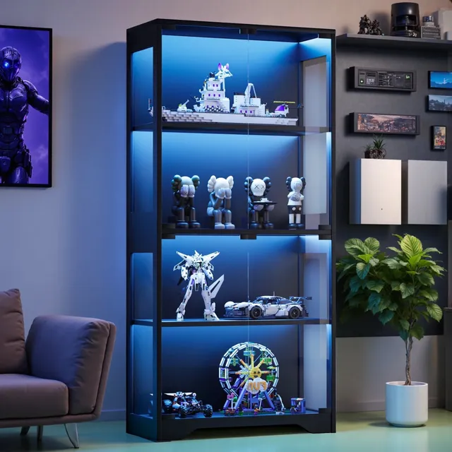 homall-shelf-vitrine-schwarz-4-f-cher-mit-led image 1