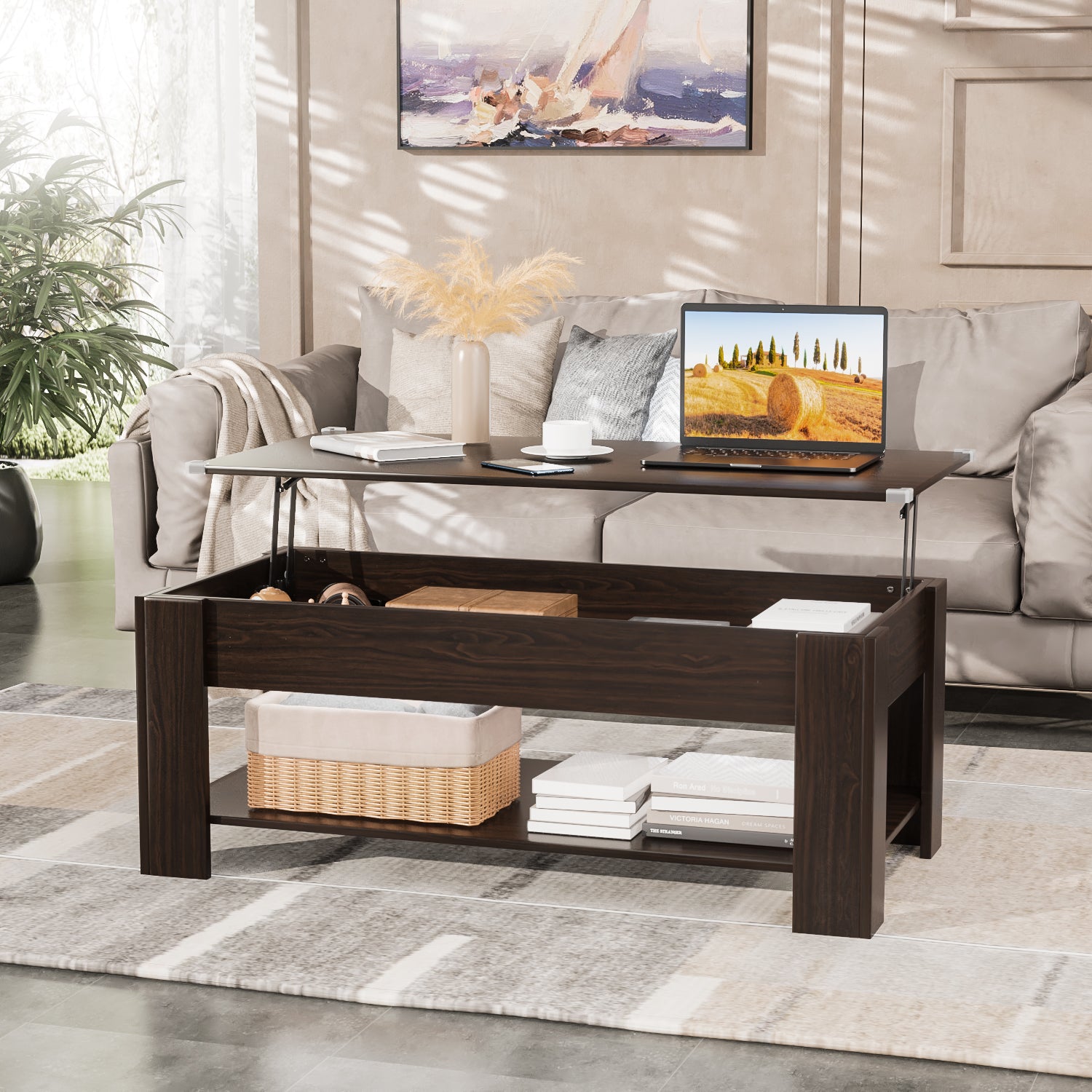 homall-couchtisch-lift-braun-holz-100cm-mit-stauraum image 2