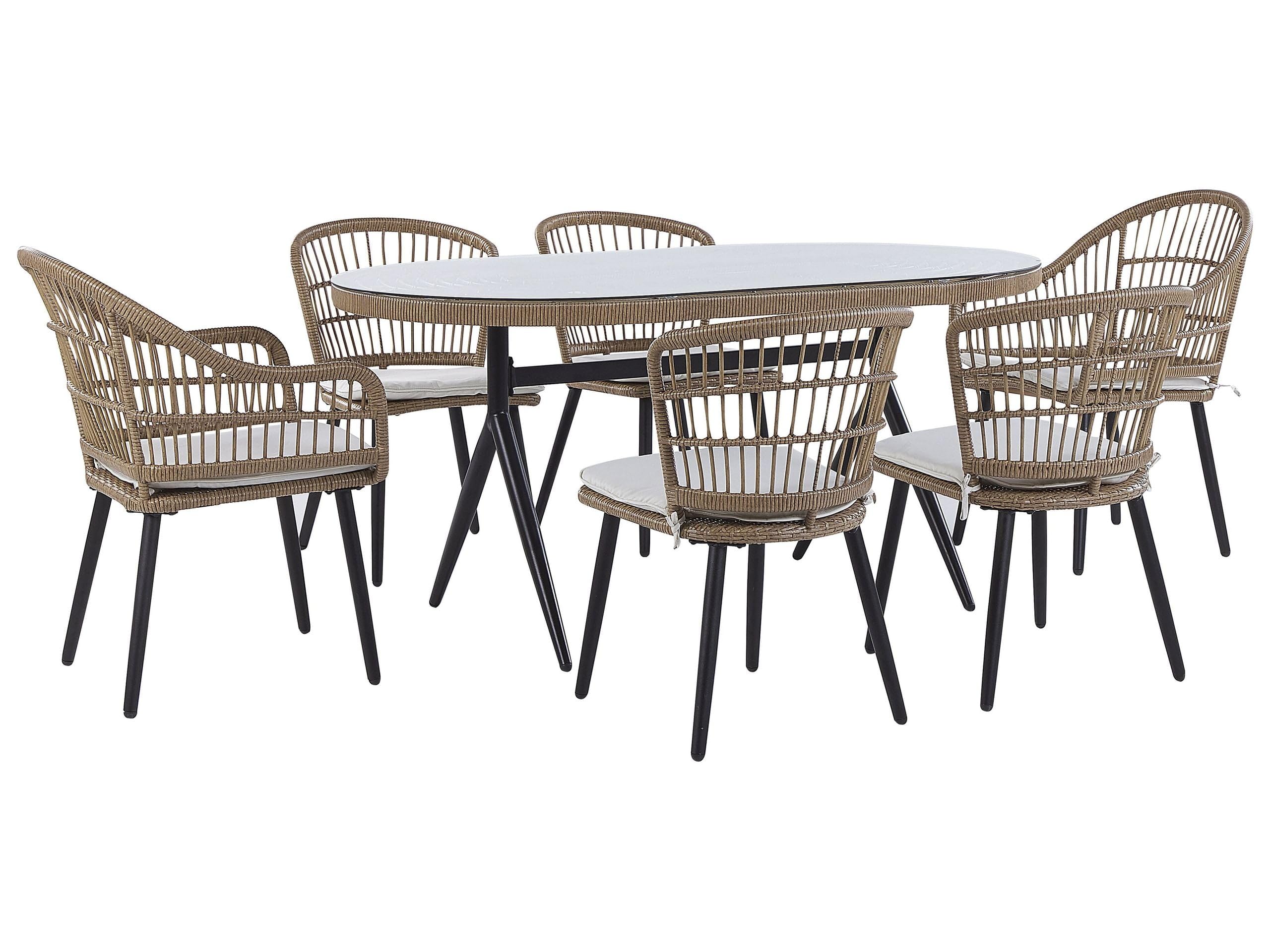 beliani-aliano-ii-gartentisch-set-rattan-6-sitzer-beige-schwarz image 1