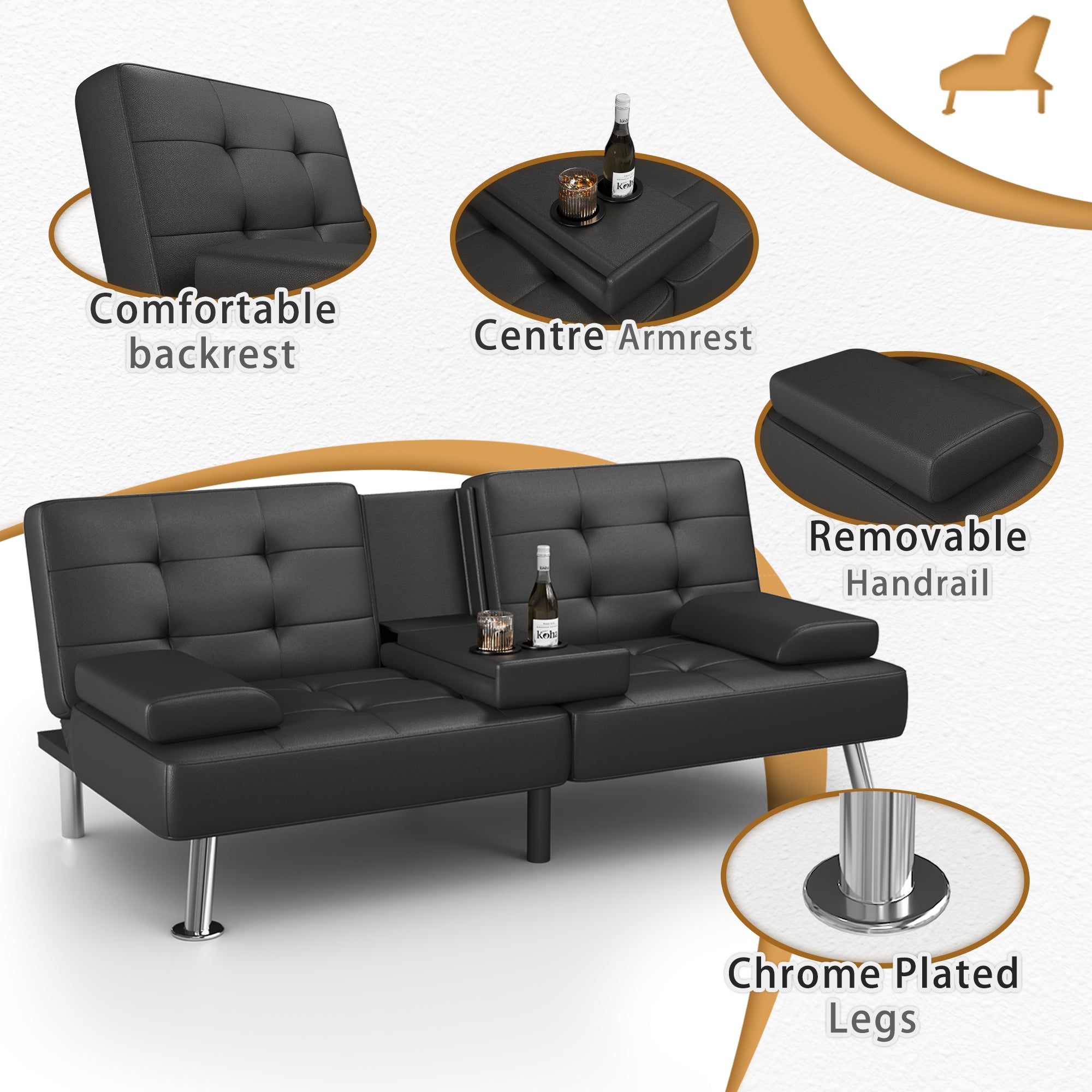 homall-recliner-schlafsofa-kunstleder-schwarz-mit-becherhalter image 1