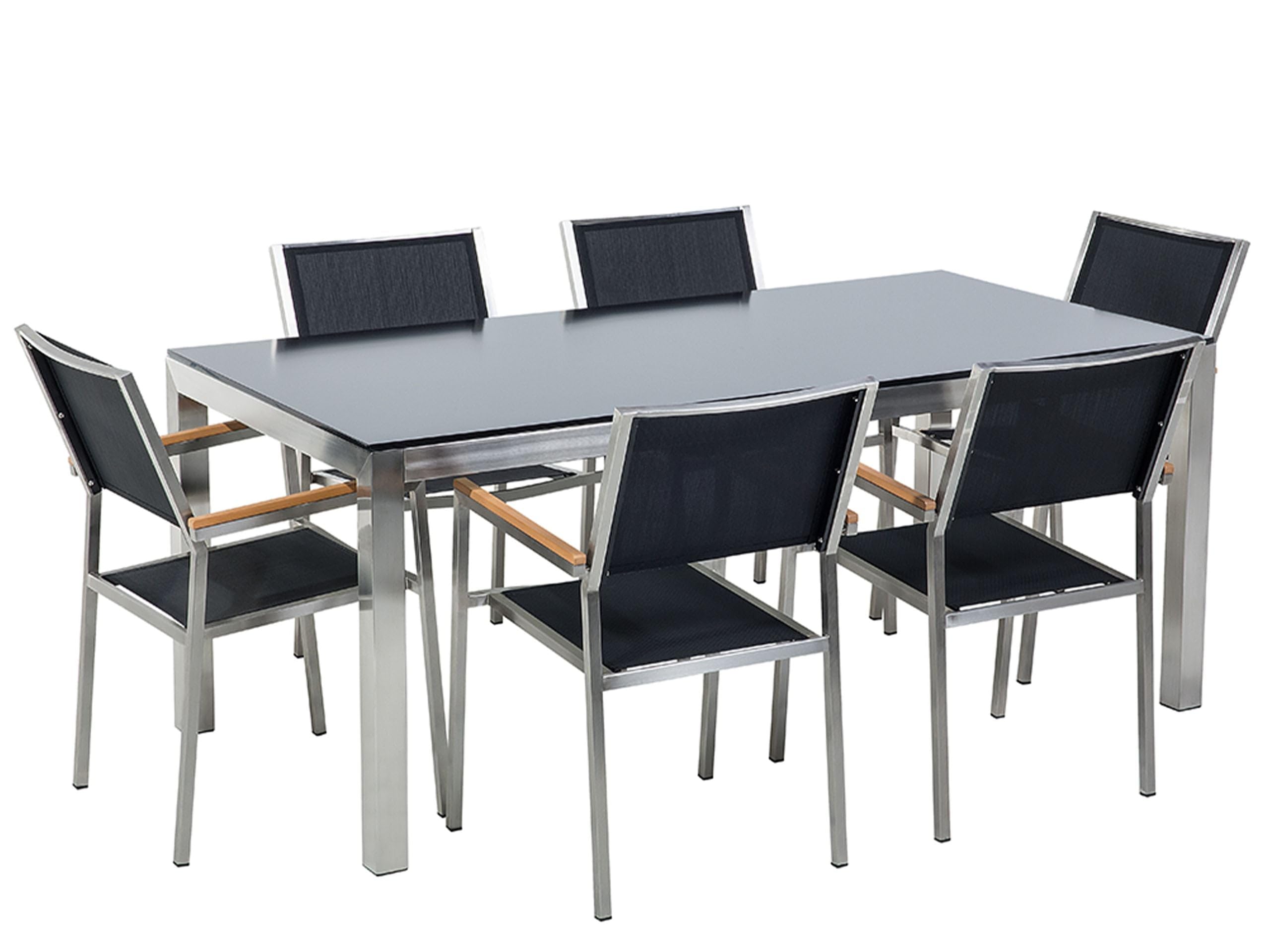 beliani-grosseto-gartenset-glastisch-180-cm-schwarz-6-sitzer image 1