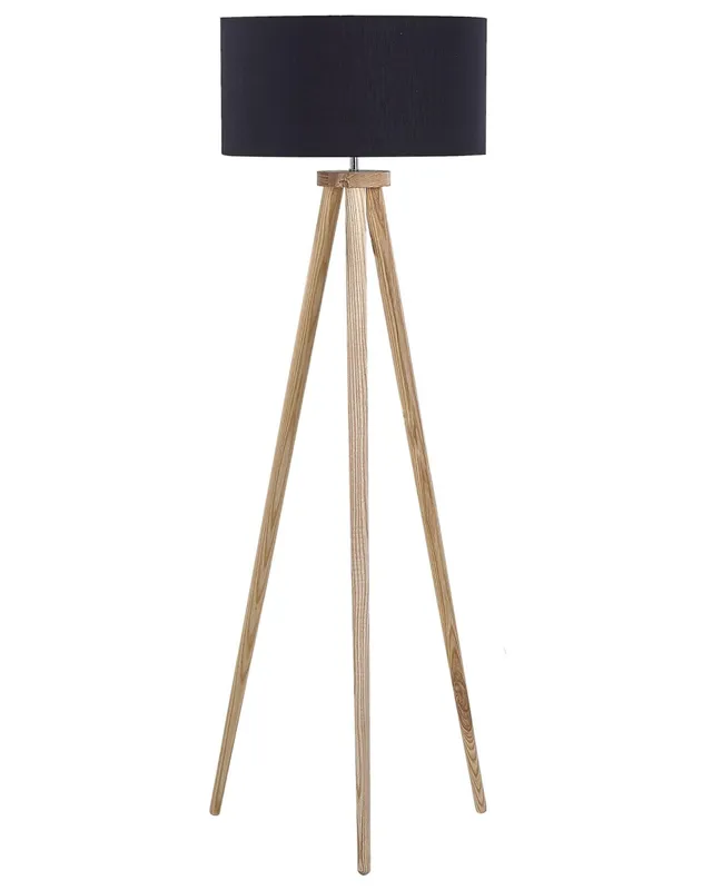 beliani-nitra-stehlampe-140-cm-schwarz-holz-trommelschirm image 1