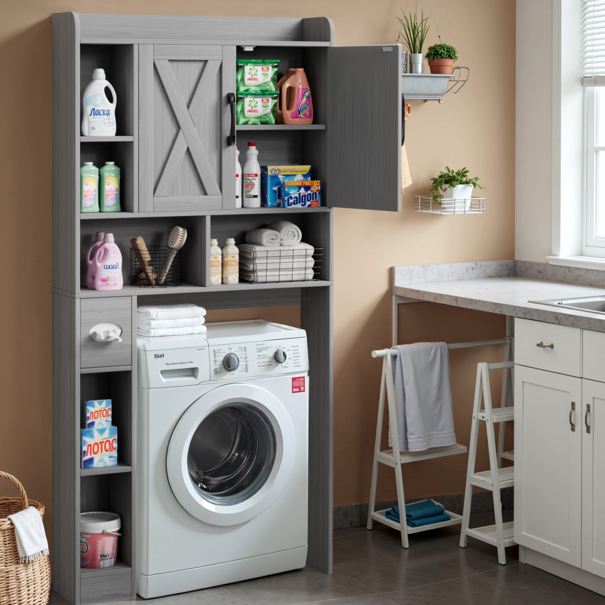 homall-shelf-badregal-ber-wc-grau-mit-schiebet-ren image 6
