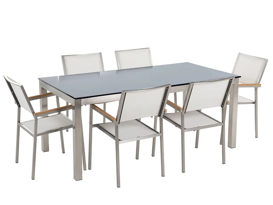 beliani-grosseto-gartenset-glastisch-180-cm-6-st-hle-wei image 1