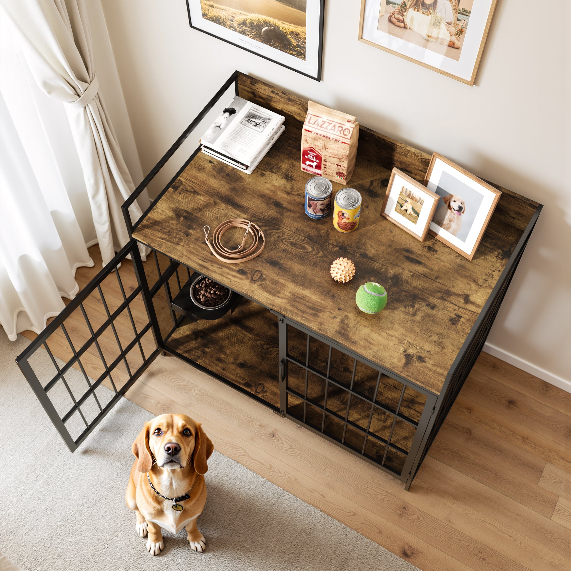 homall-hundebox-gro-metall-holz-braun-als-m-bel image 2