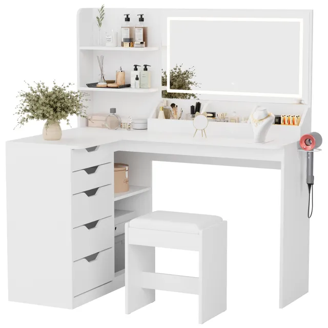 homall-bedroom-schminktisch-wei-mit-led-spiegel-und-hocker image 1