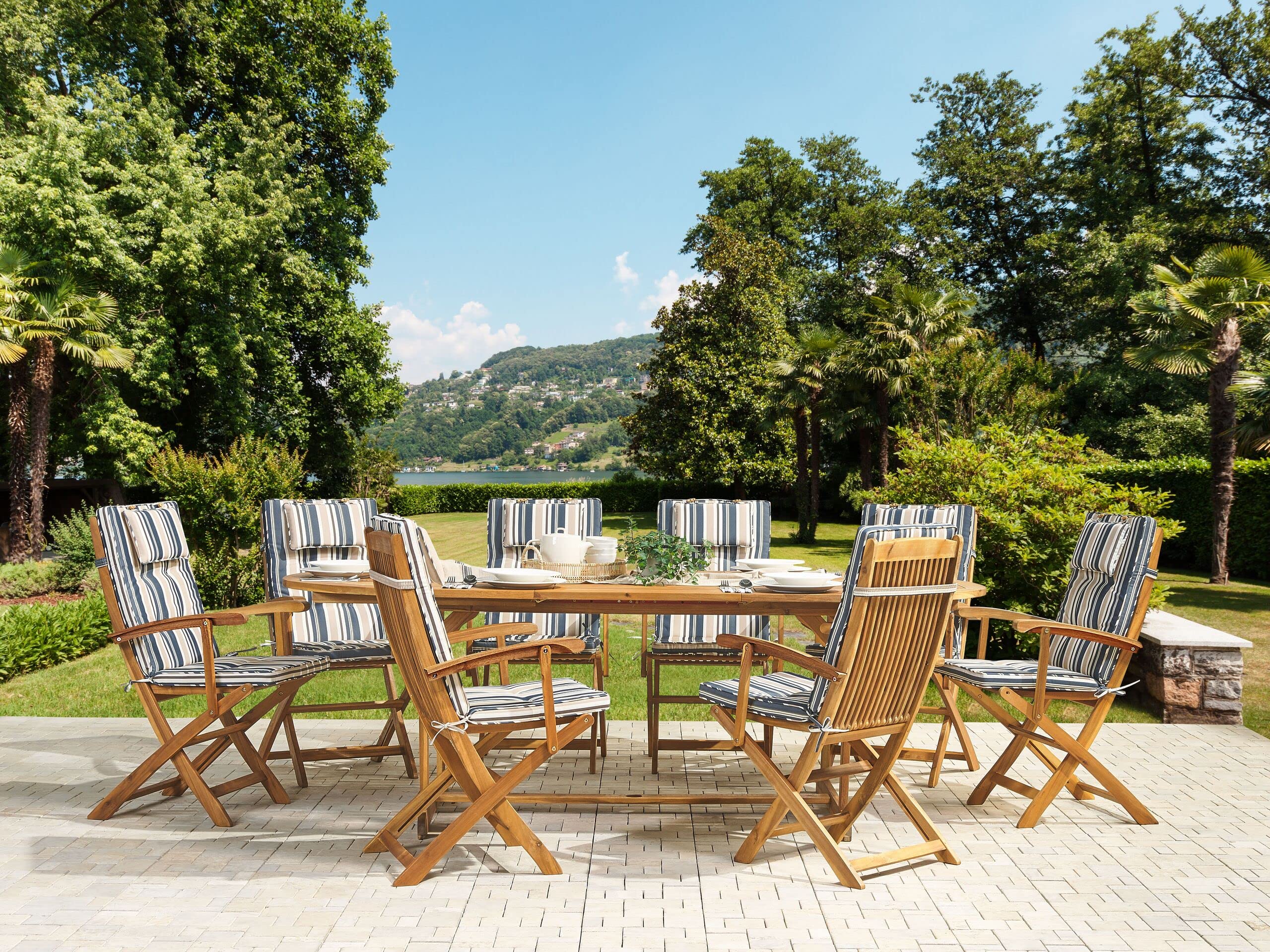 beliani-maui-set-ausziehtisch-220-cm-akazie-auflagen-blau-beige image 2