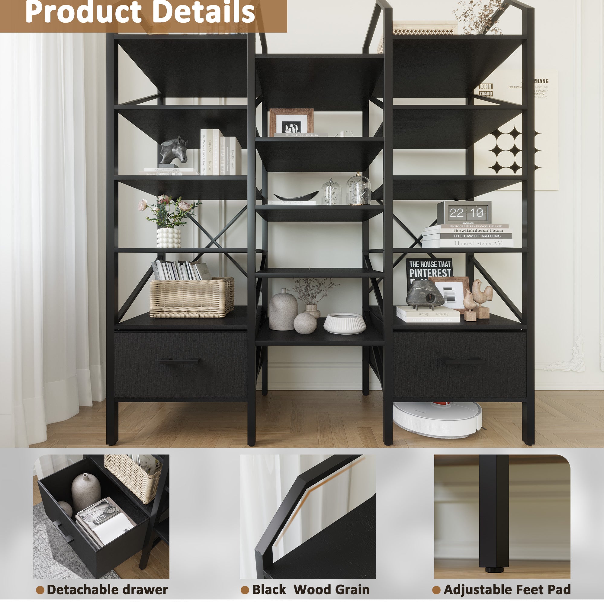 homall-bookcase-b-cherregal-5-f-cher-schwarz-metall image 4