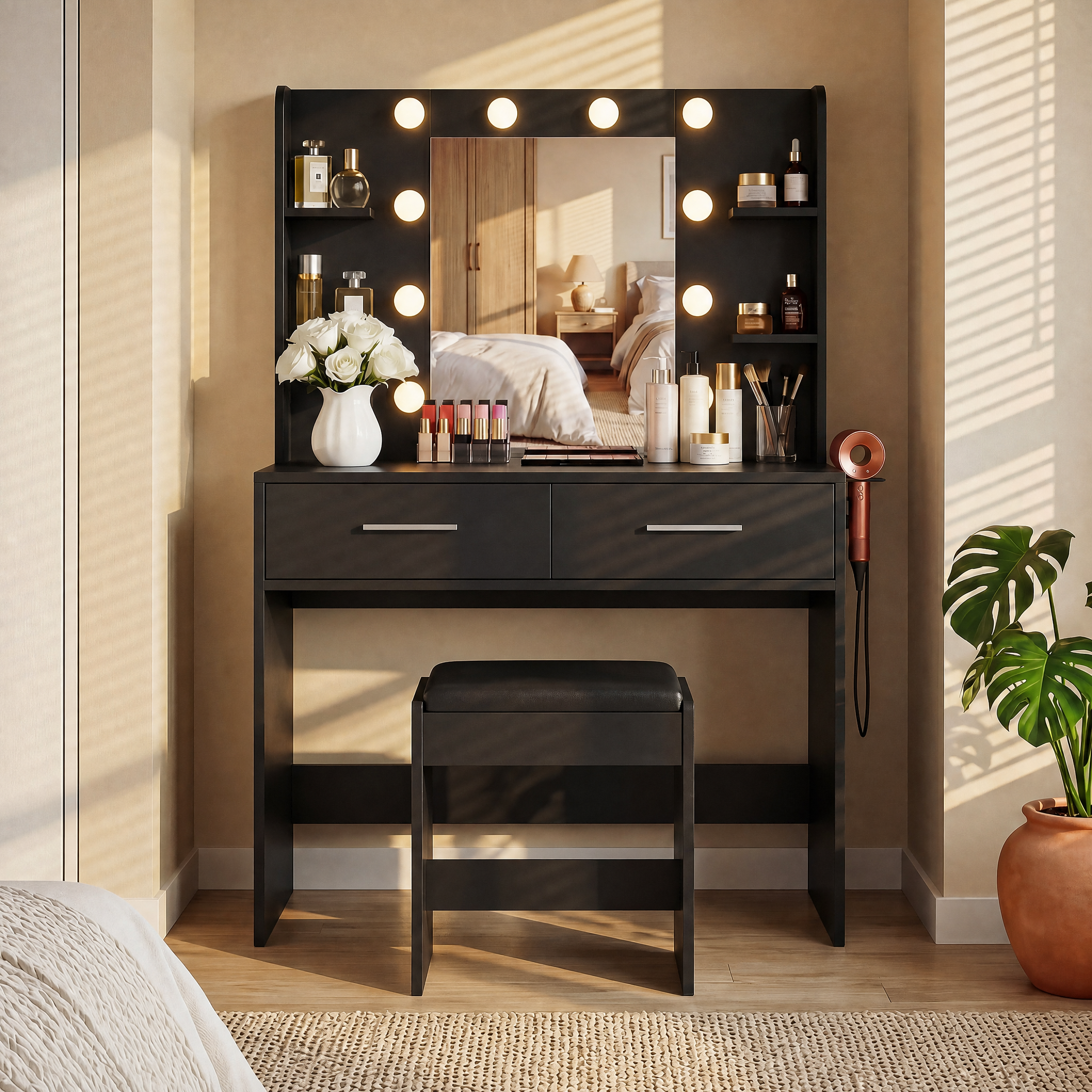 homall-bedroom-schminktisch-wei-mit-hocker-led image 2