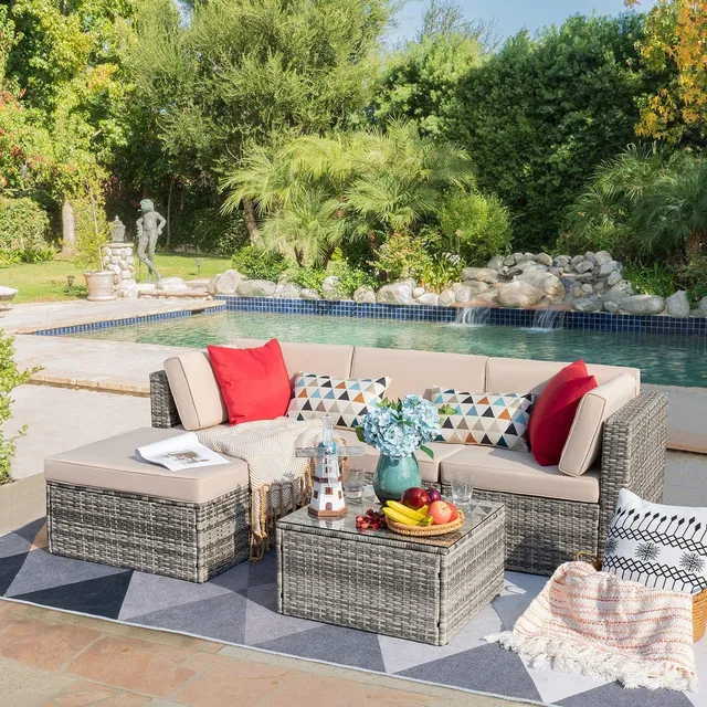 homall-patio-furniture-lounge-set-5-tlg-rattan-grau-ottoman image 1