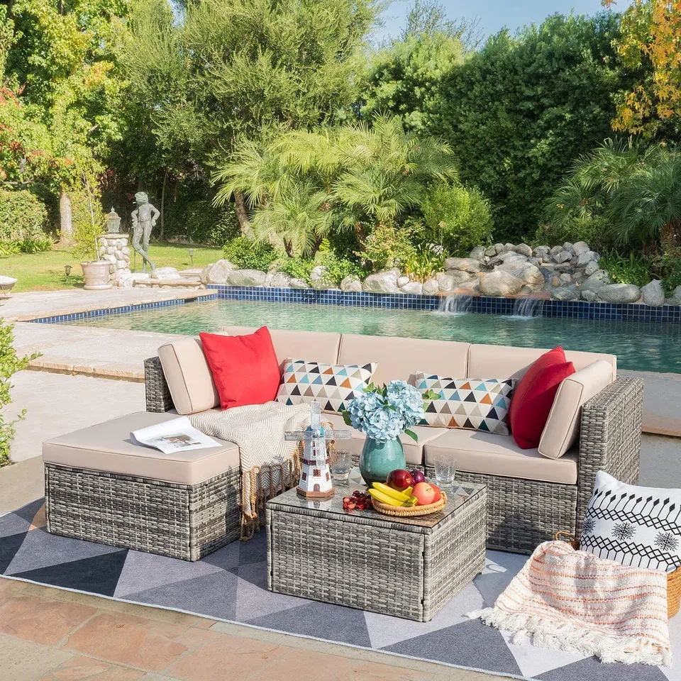 homall-patio-furniture-lounge-set-5-tlg-rattan-grau-ottoman image 1