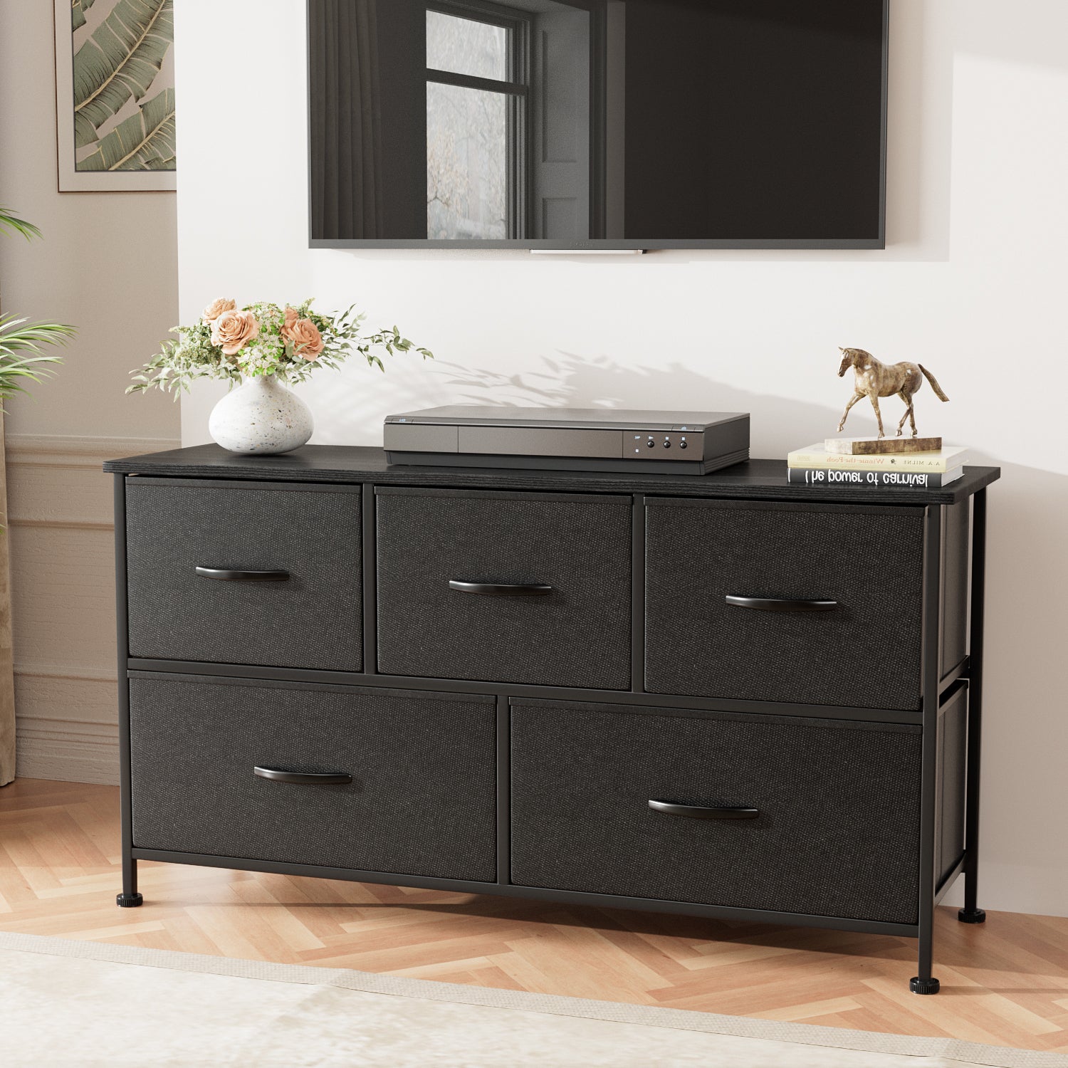 homall-bedroom-kommode-5-schubladen-schwarz-mit-holzplatte image 8