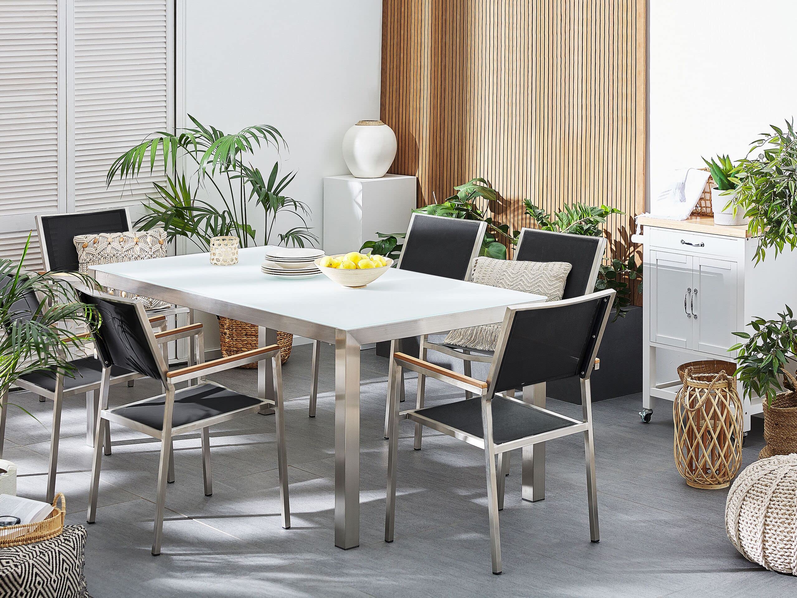 beliani-grosseto-gartenset-6-sitzer-wei-schwarz-180-cm-glas image 2
