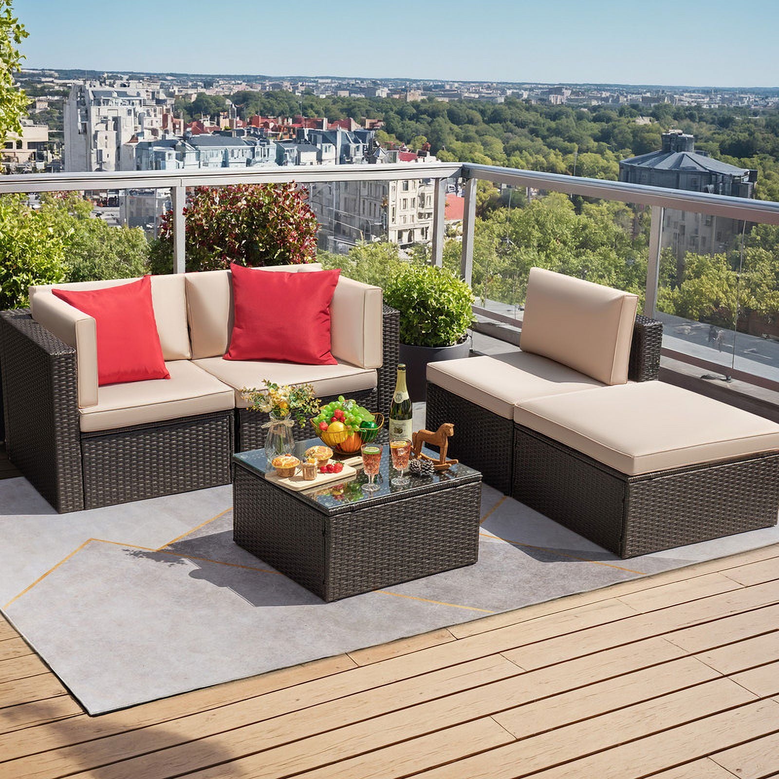 homall-patio-furniture-rattan-lounge-set-beige-5-teilig image 2