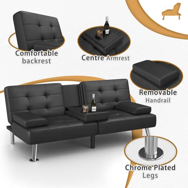 homall-recliner-schlafsofa-kunstleder-schwarz-mit-becherhalter image 1