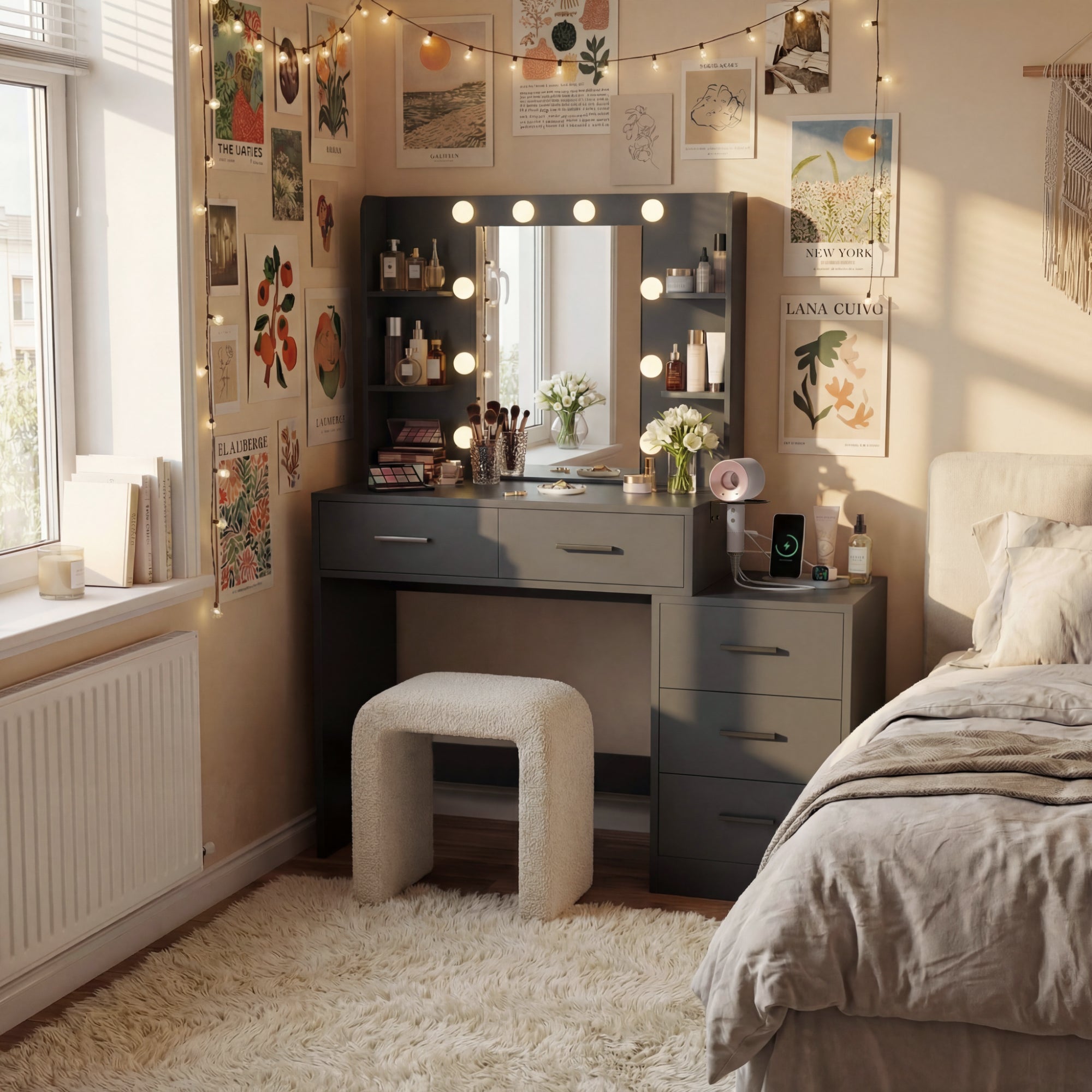 homall-bedroom-schminktisch-wei-mit-led-spiegel-5-schubladen image 2