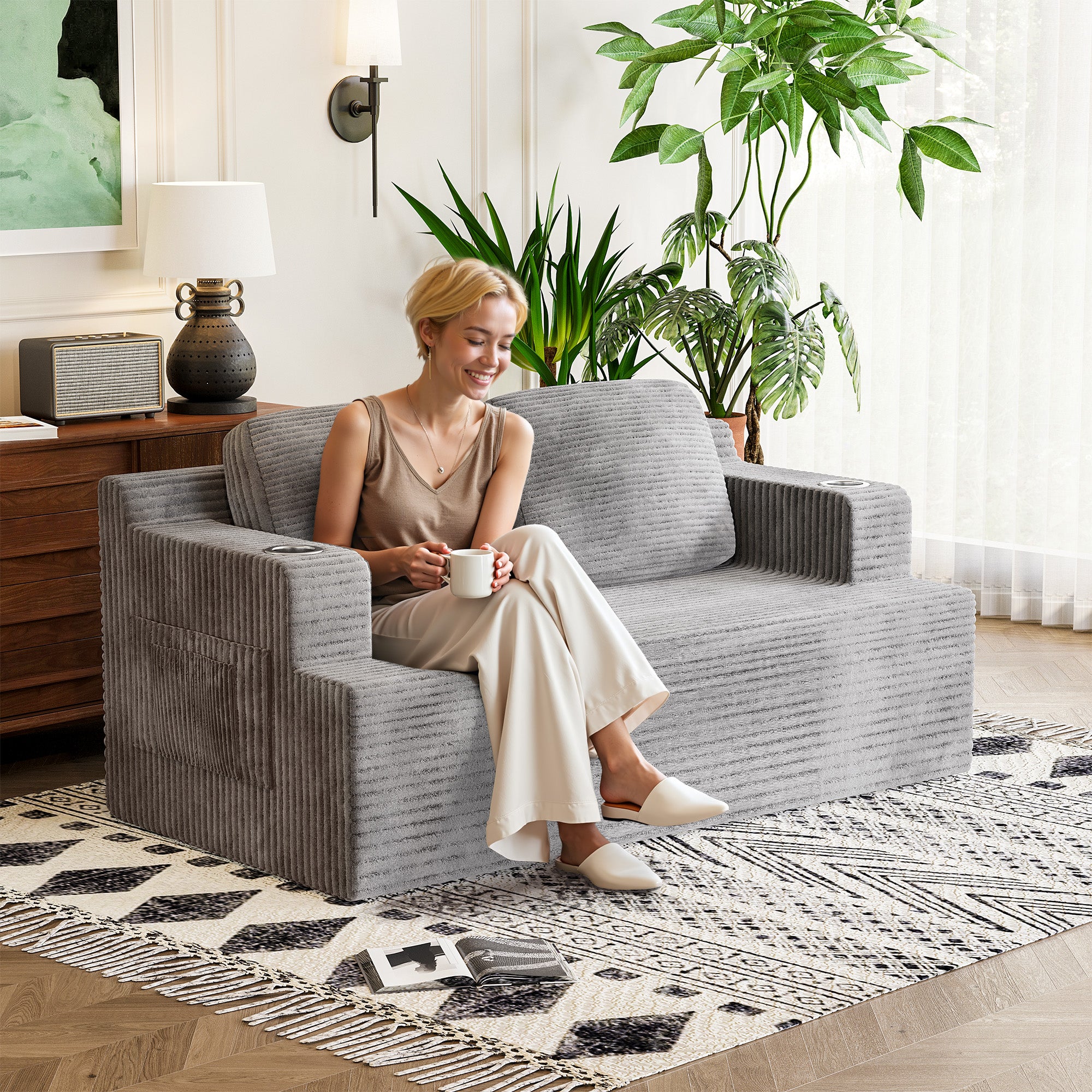 homall-sofa-cloud-loveseat-2-sitzer-cord-grau-bequem image 2