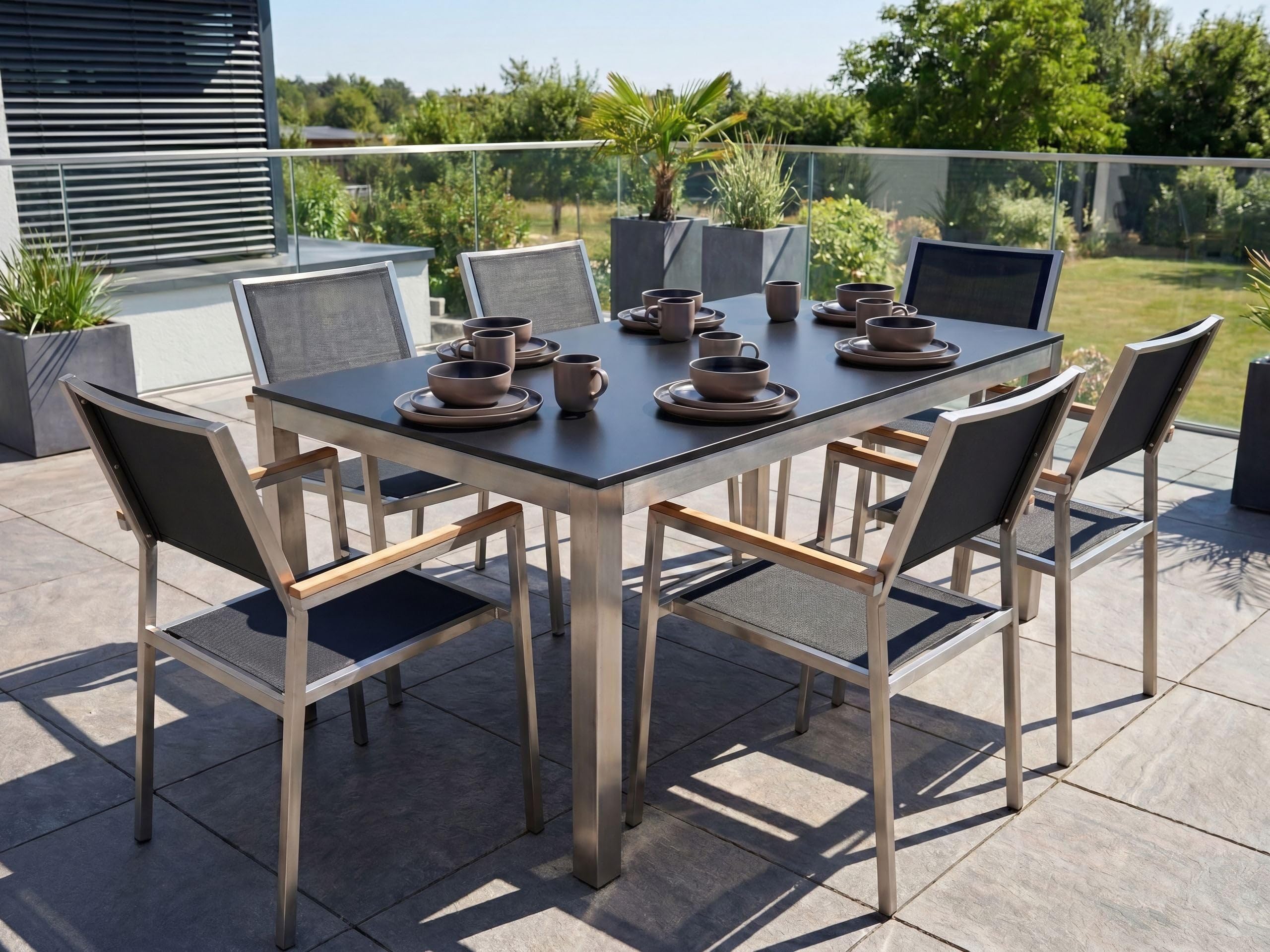 beliani-grosseto-gartenset-glastisch-180-cm-schwarz-6-sitzer image 2