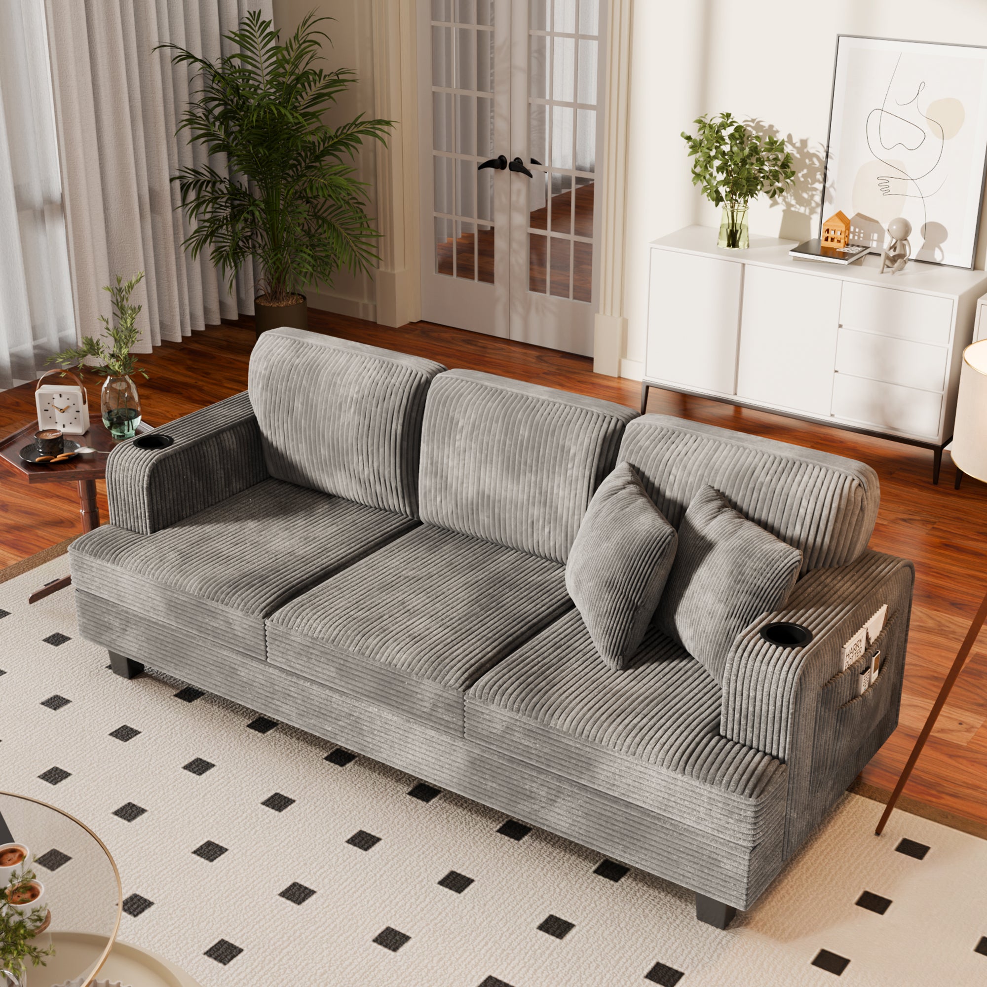 homall-sofa-3-sitzer-cord-couch-grau-mit-usb-getr-nkehalter image 5