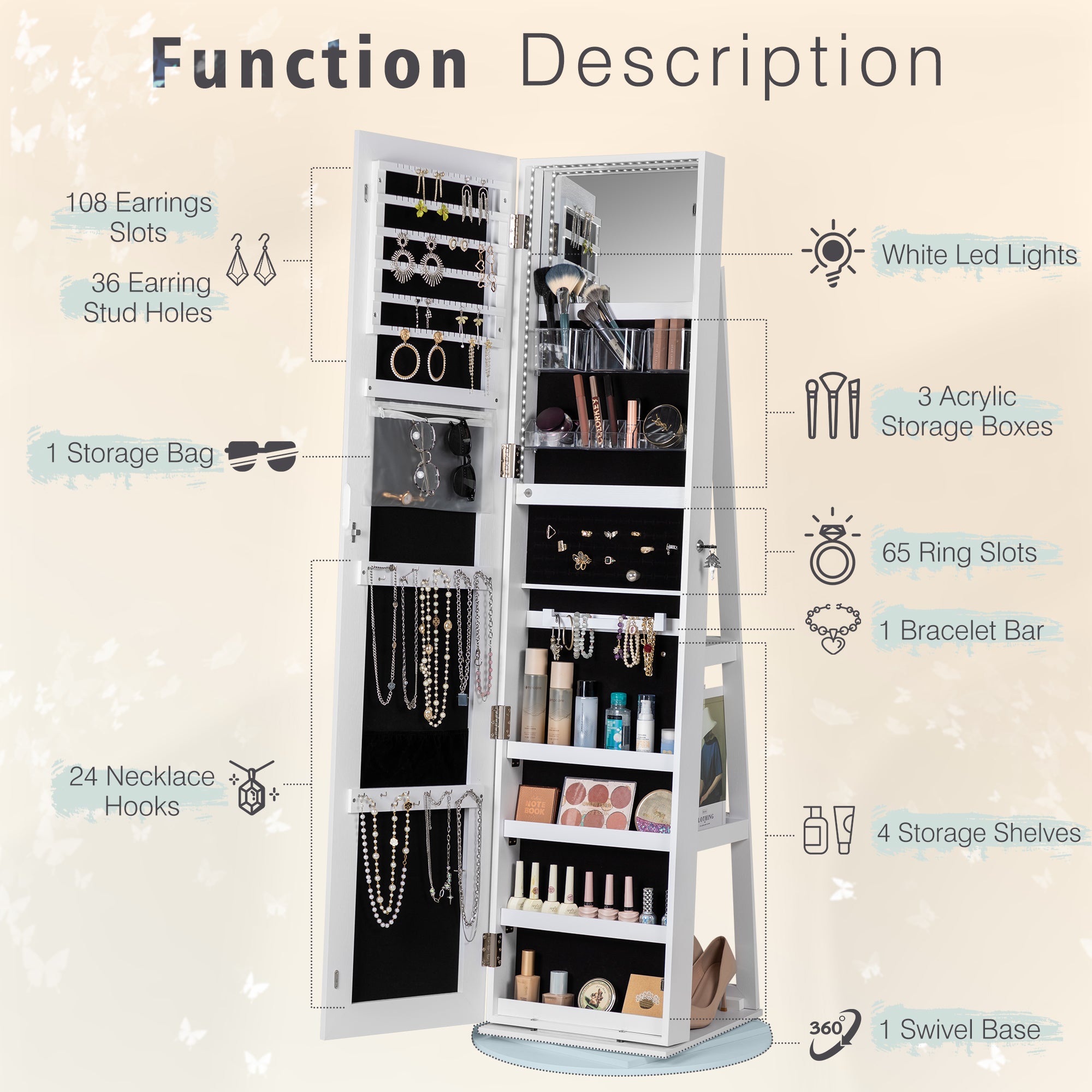 homall-shelf-schmuckschrank-weiss-drehbar-spiegel-led-abschlie-bar image 4