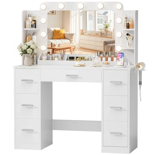 homall-bedroom-schminktisch-wei-mit-spiegel-led-steckdose image 1