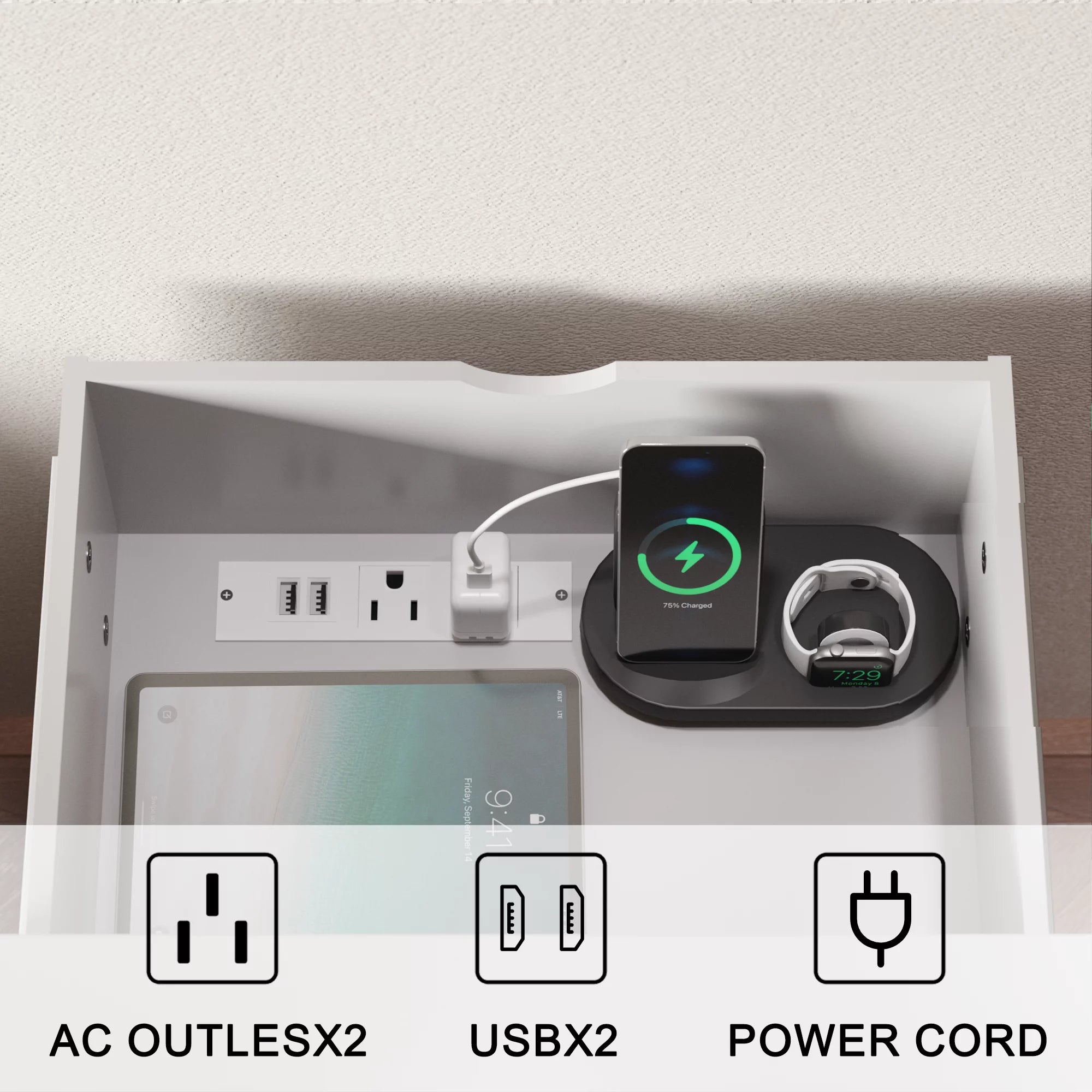 homall-bedroom-nachttisch-wei-2-schubladen-led-usb image 3