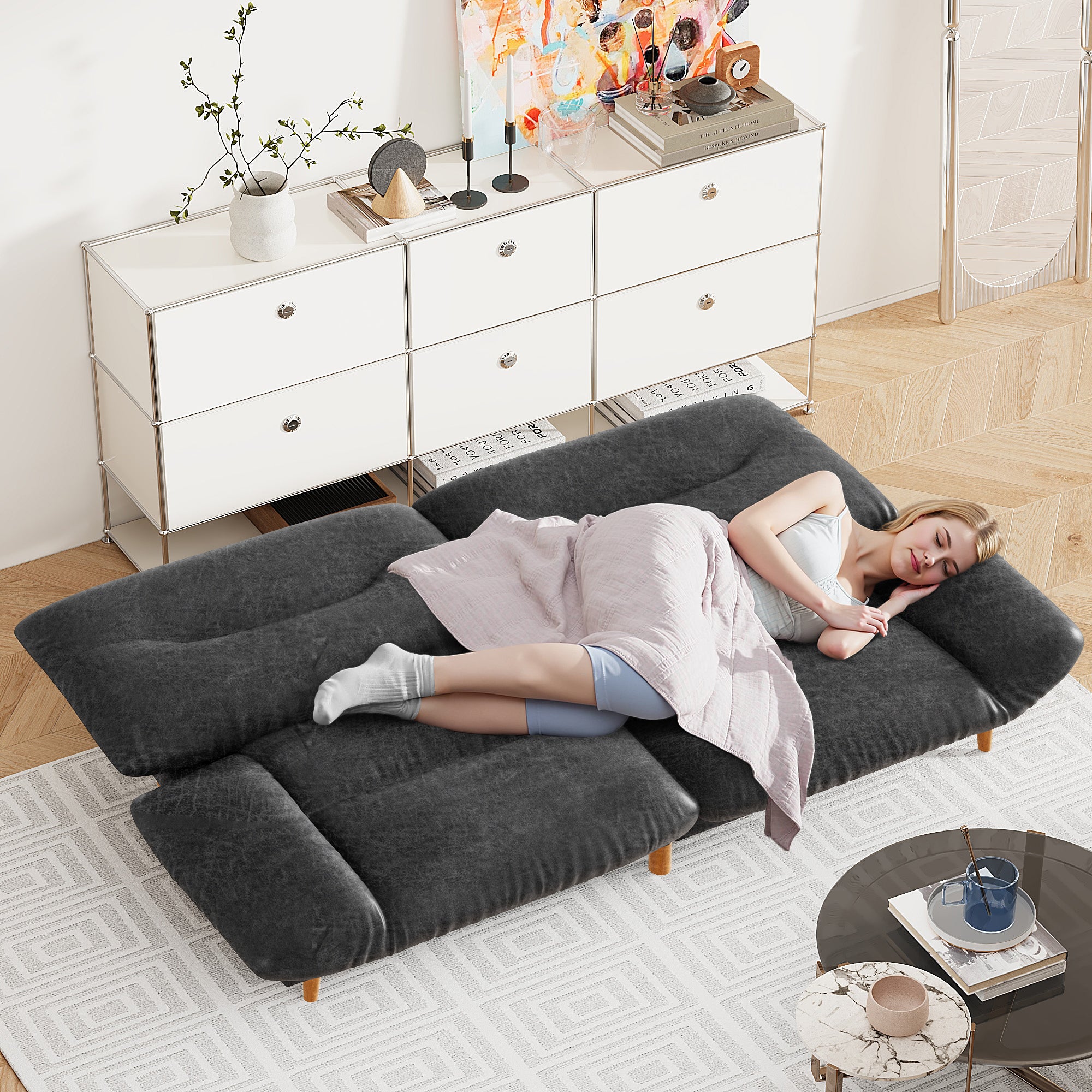 homall-sofa-futon-schlafsofa-pu-schwarz-165-cm image 3
