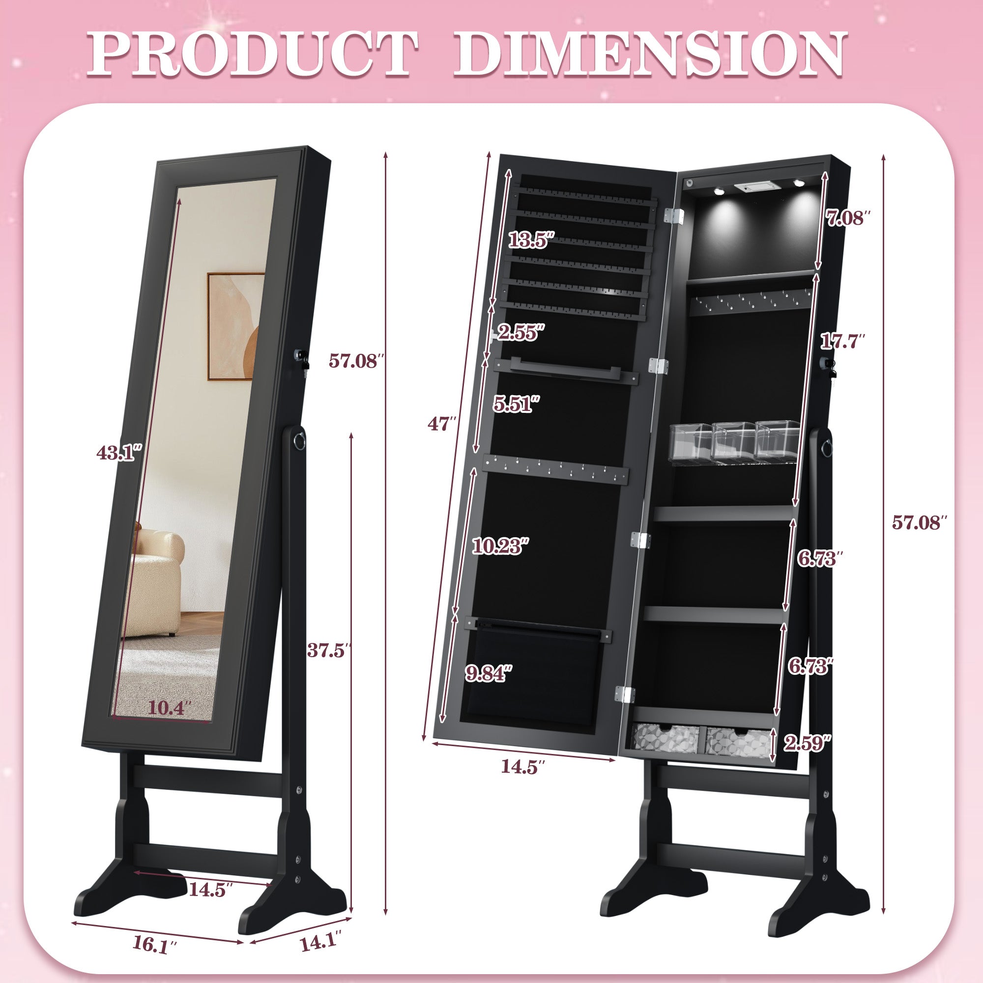 homall-shelf-schmuckschrank-wei-standspiegel-mit-led image 2