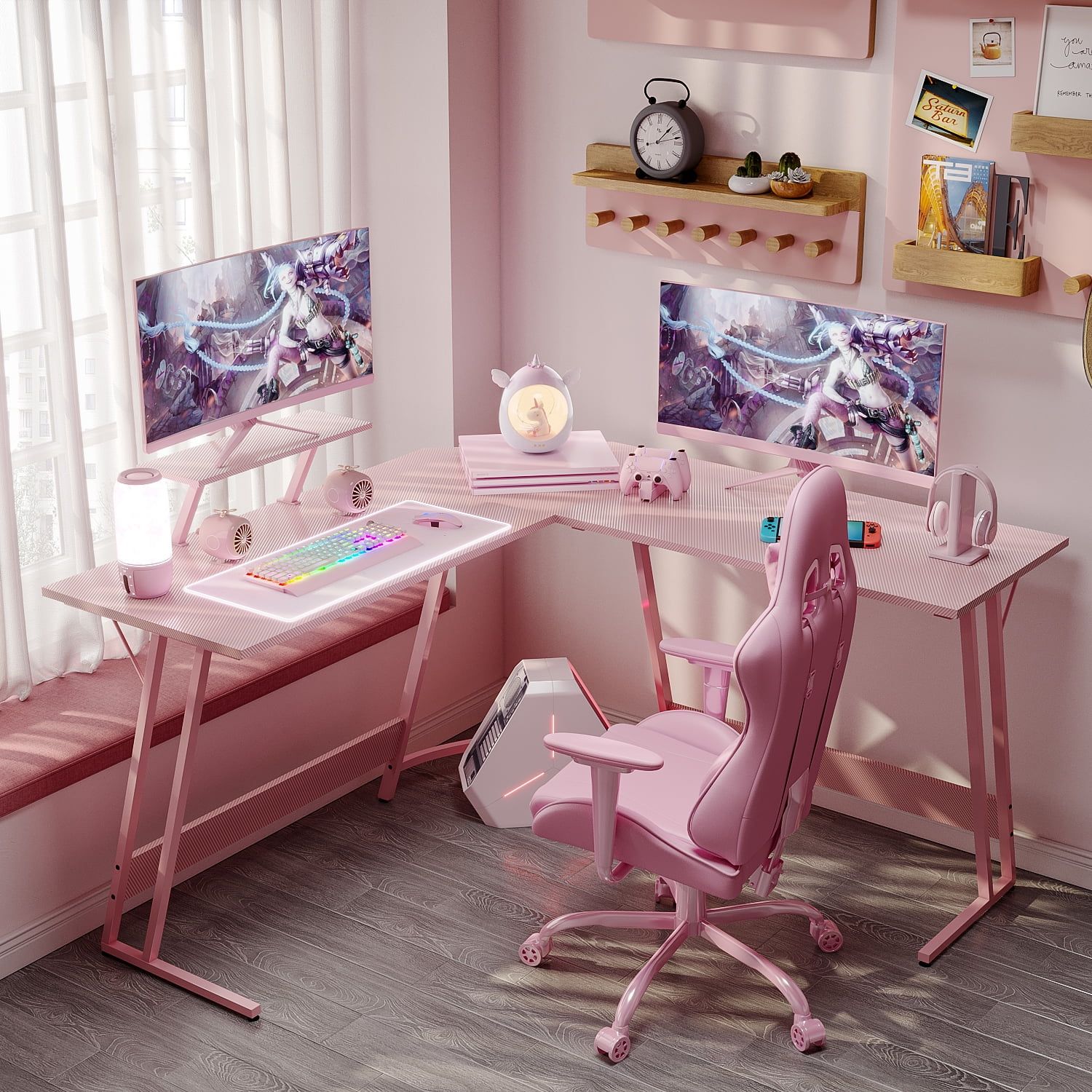 homall-gaming-desk-eckschreibtisch-rosa-51-zoll-mit-aufsatz image 4