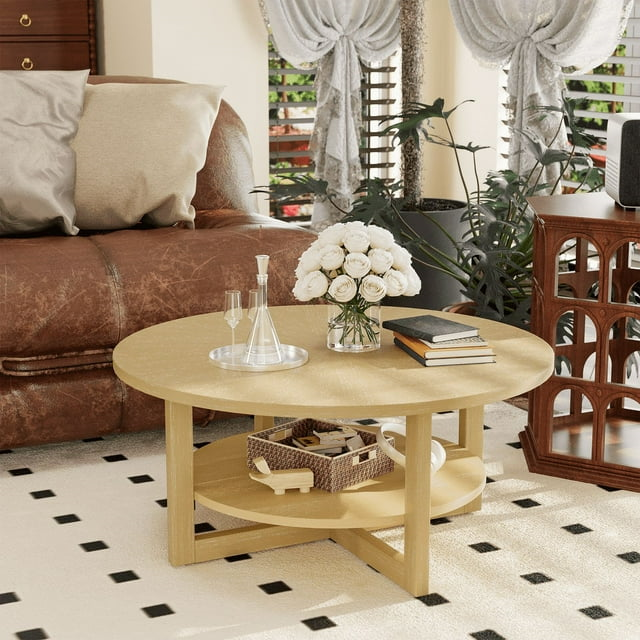 homall-couchtisch-rund-holz-braun-90cm-mit-ablage image 1