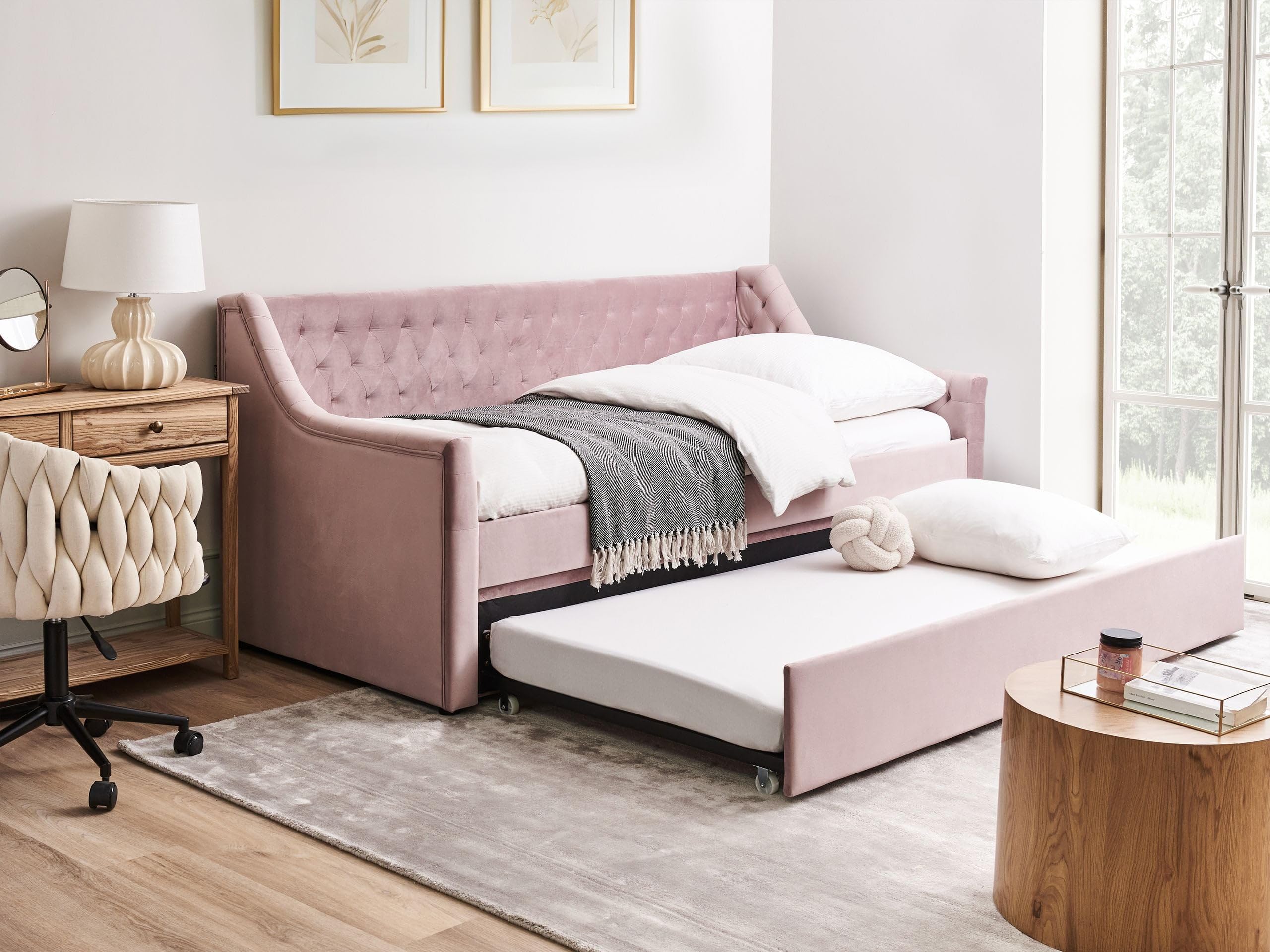 beliani-montargis-tagesbett-90x200-rosa-samt-ausziehbett-lattenrost image 2