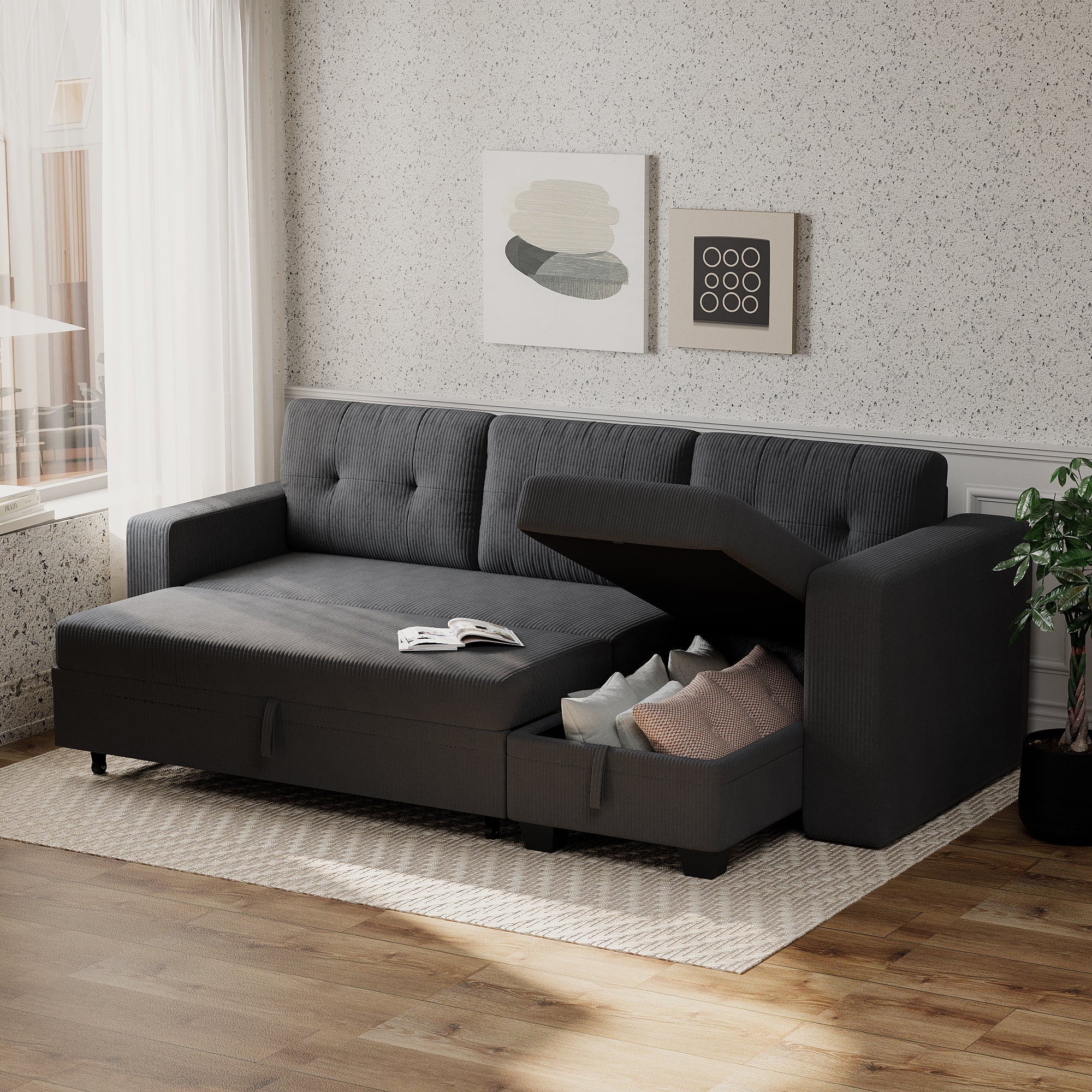 homall-sofa-schlafsofa-3-sitzer-cord-grau-mit-stauraum image 3