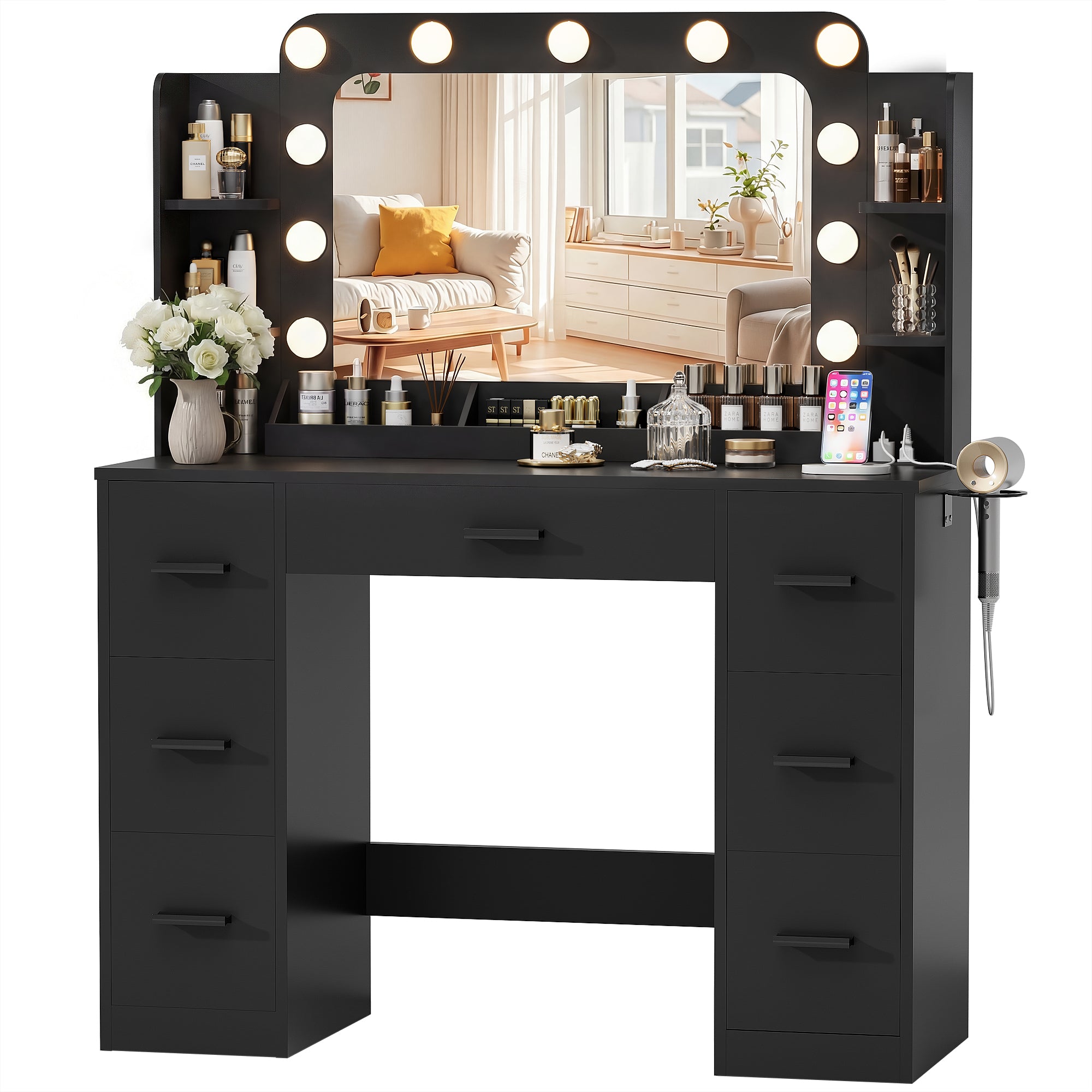 homall-bedroom-schminktisch-wei-mit-spiegel-led-steckdose image 2