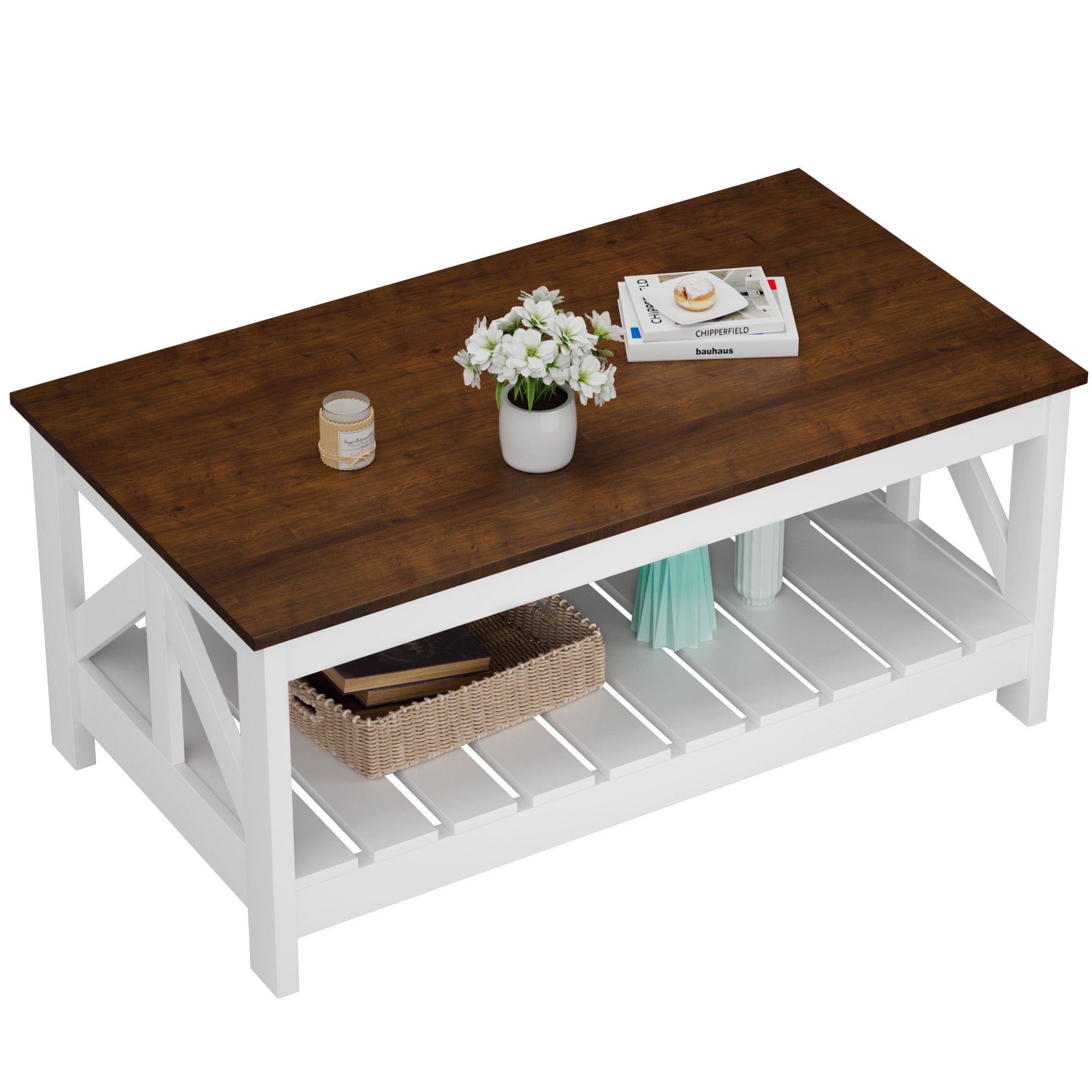 homall-coffee-table-couchtisch-braun-wei-2-ebenen-holz image 7